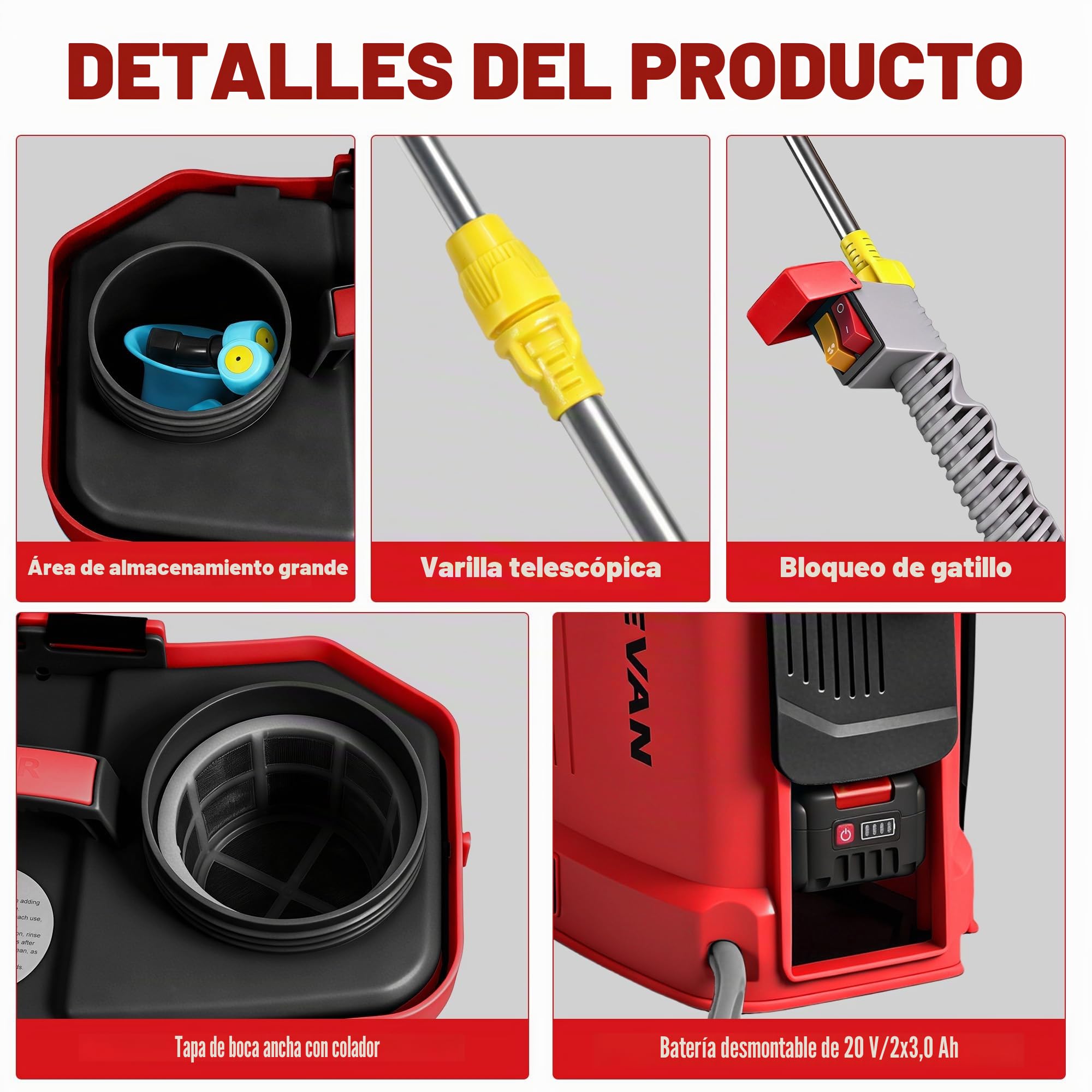 ONEVAN Pulverizador Eléctrico 20L Función Mezcladora 2x3,0Ah y 5 Boquillas | 0-100PSI ajustable, varilla telescópica hasta 41", para 20 tanques, 5 boquillas, sistema de mezcla integrado muy eficiente