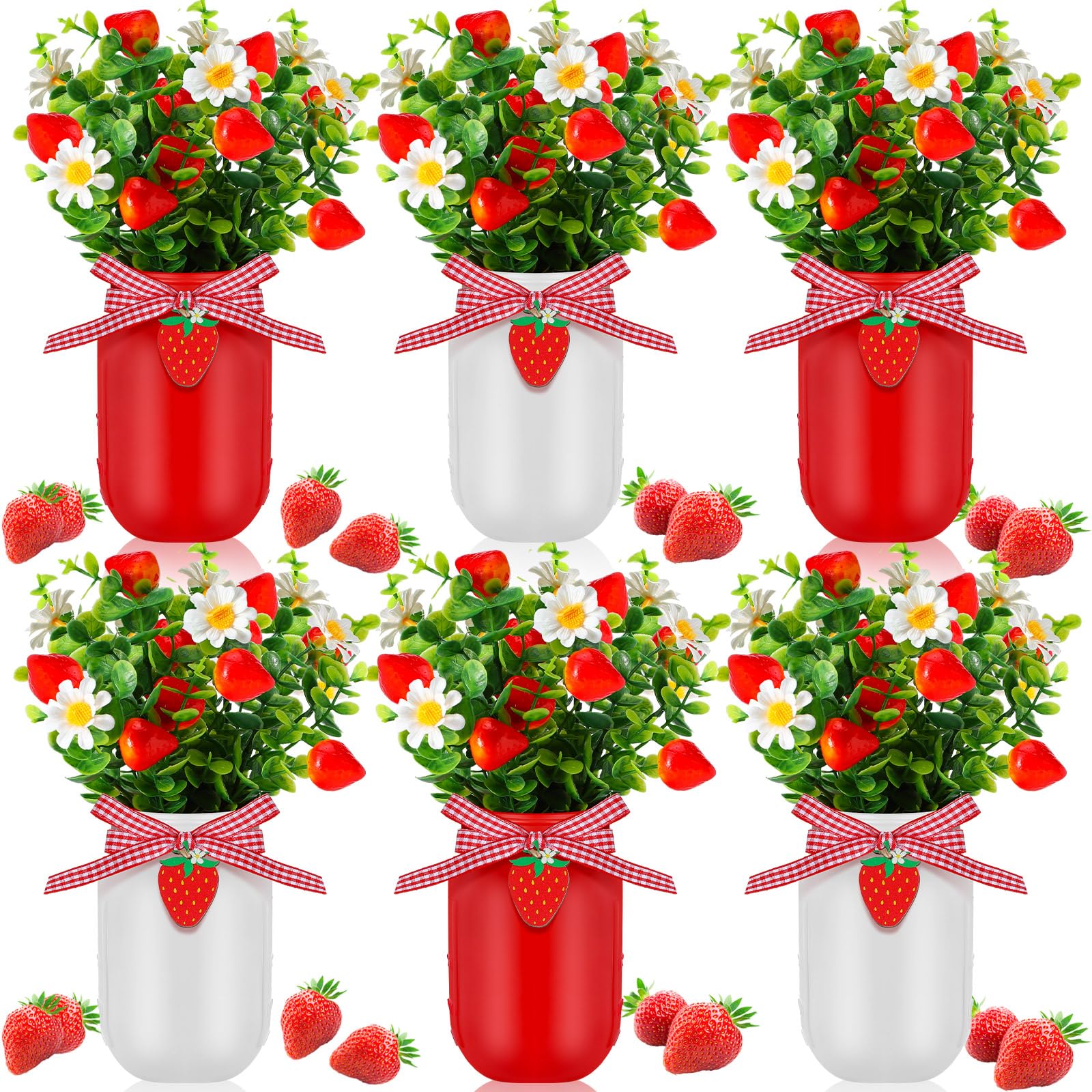 Lyrow Lot de 6 pots Mason en forme de fraises pour centre de table - Décoration d'hiver pour table de ferme - Décoration de Noël - Décoration de plateau de cuisine à étages