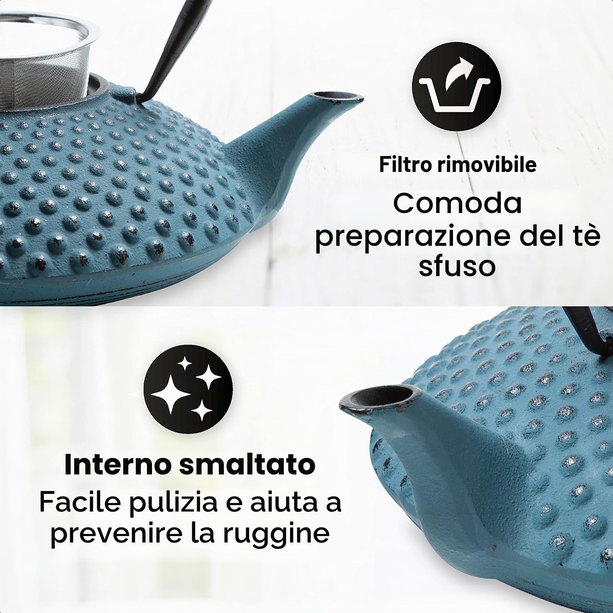 Kambin TEIERA in GHISA Smaltata 1,25 l – Teiera ghisa di Alta qualità con Infusore in Acciaio Inox – Design Originale - per Preparare Ottimo Te – Bollitore in Stile Giapponese - Blu