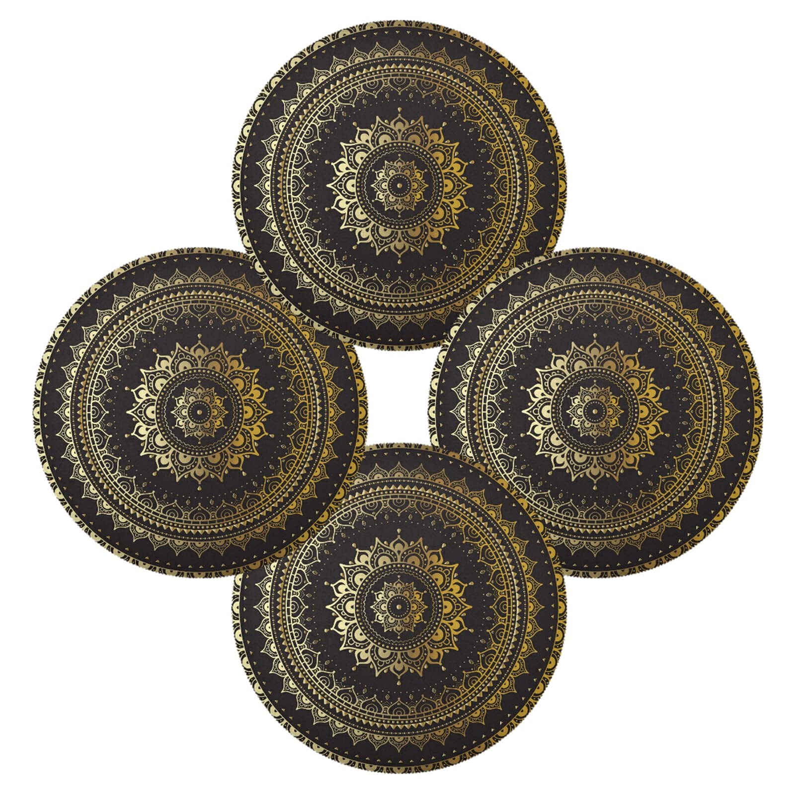 Poeticcity Multi 3 Gold Golden Indian Mandala Tribal Ethnic Circle Flower On Black Set Of 4 Table Placemat, Non-Slip Place Mats Protector Washable Plate Mat Holder, 15.4 Inches Round Desk Pad For Kitchen Dining