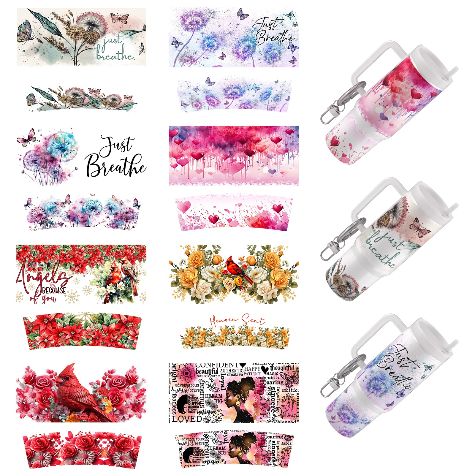 UV DTF Keychain Packaging Transfer 24pcs UV DTF Transfer DIY Crafts can be Used for Keychains, Storage Boxes, Water Cups, etc. (Watercolor Flowers)