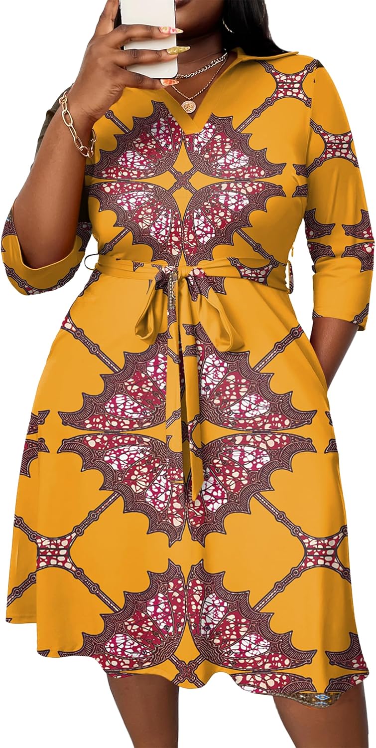 FANDEE Plus Size Midi Dress for Women - Printing Summer Dresses for Wedding Guest Cocktail Party 3/4 Sleeve V Neck（L-5XL） - Image 11