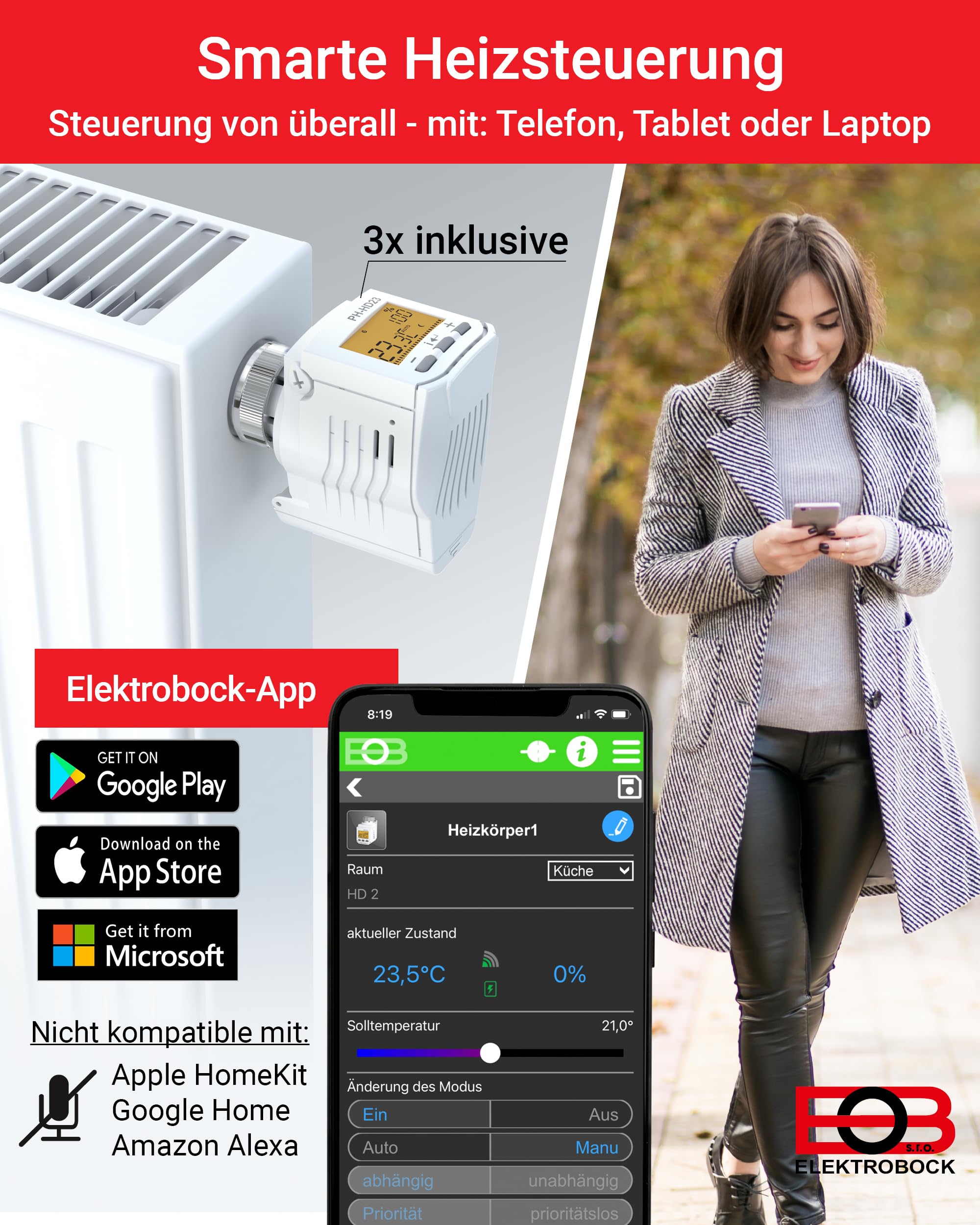 ELEKTROBOCK PH-Starter Pack 2 - Heizungssteuerung per App - 3 Heizkörperthermostate mit Gateway und Display - Smart Home - Boost-Funktion - Einfache Installation, Weiß
