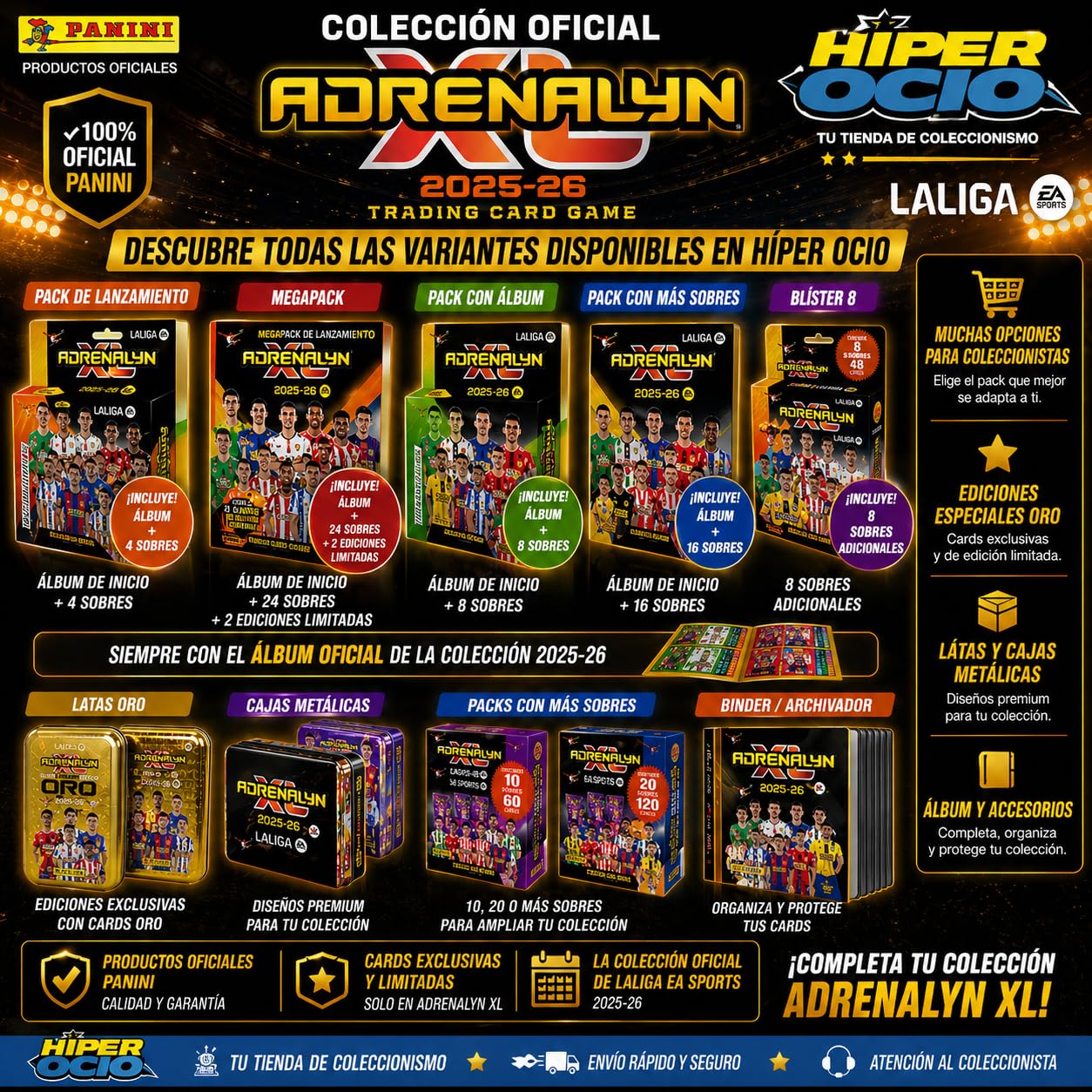 Panini Pack Coleccionista Adrenalyn XL LaLiga 2025-26, Box Serie Oro, Pocket Box Platinum 2026, Dream Box Total Kings y Deck Box