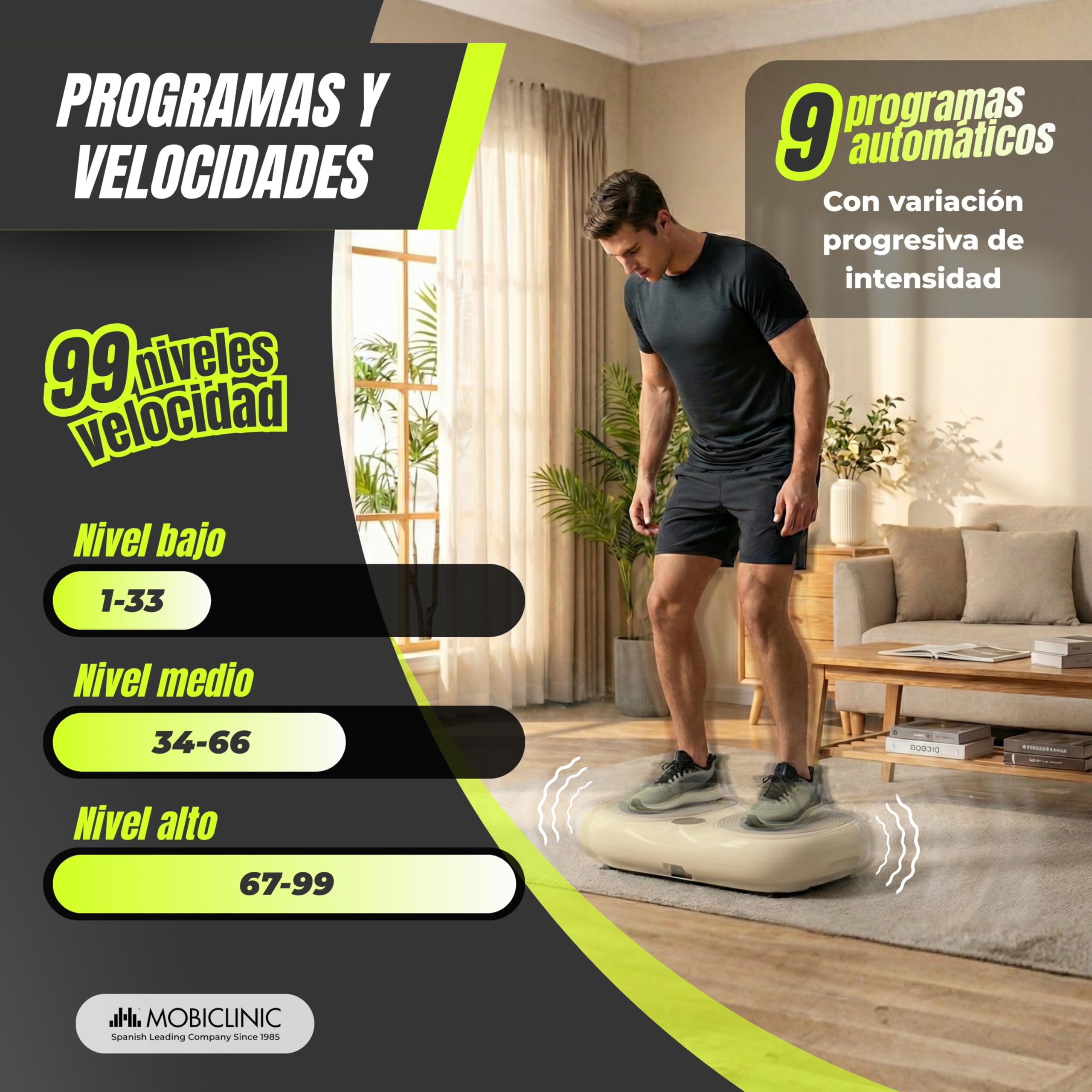 Mobiclinic®, Plataforma Vibratoria, 99 Niveles, 9 Programas de Entrenamiento, Bandas Elásticas y Mando, 200W, Tonificación y Entrenamiento Cuerpo Completo, Ideal para casa, hasta 150 kg, Karol