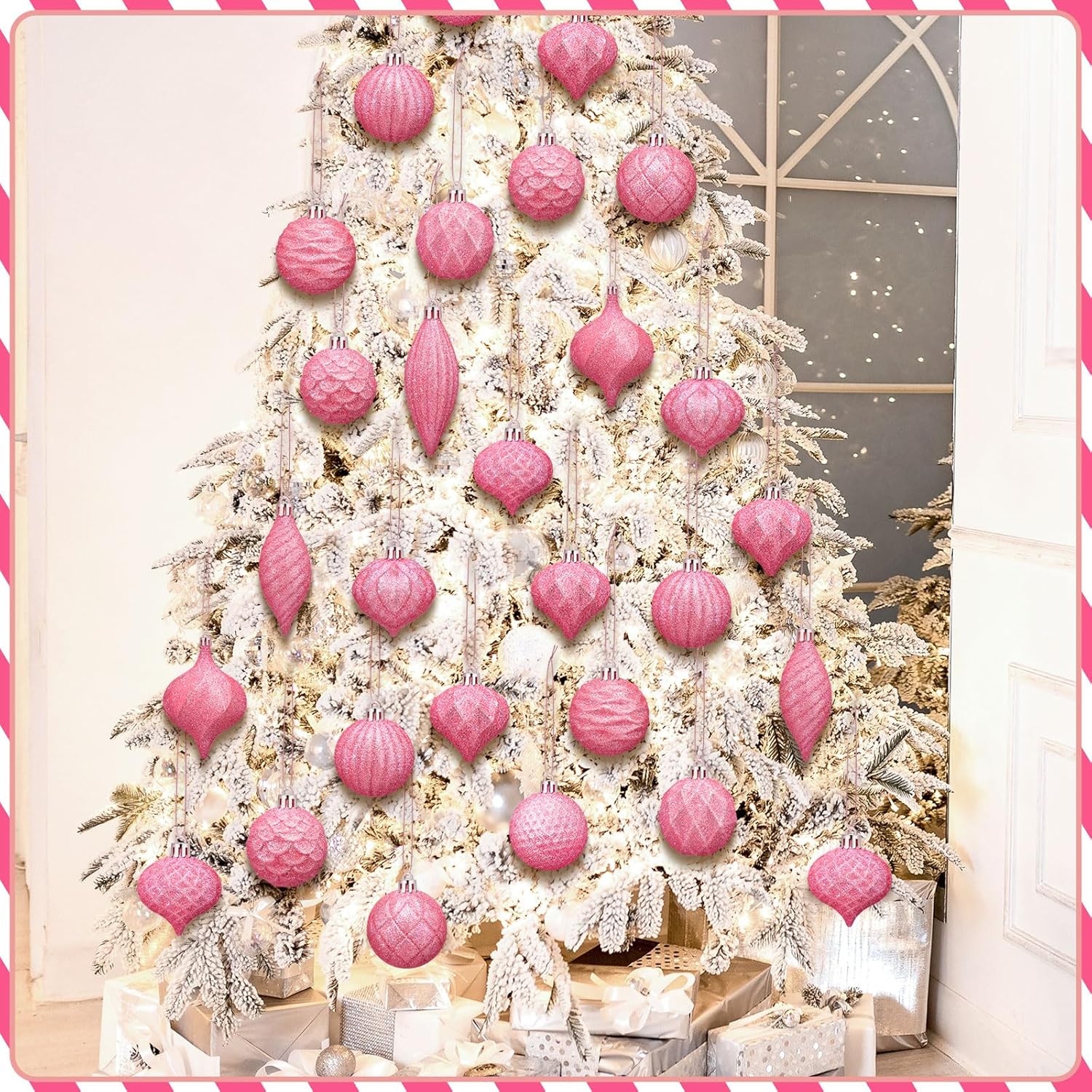 Syhood 24 Pcs Pink Ball Ornaments Textured Various Shapes Shatterproof Hanging Decoration with Glitter 2.36-4.72 Inches for Holiday Wedding Xmas Party Supplies - Image 5
