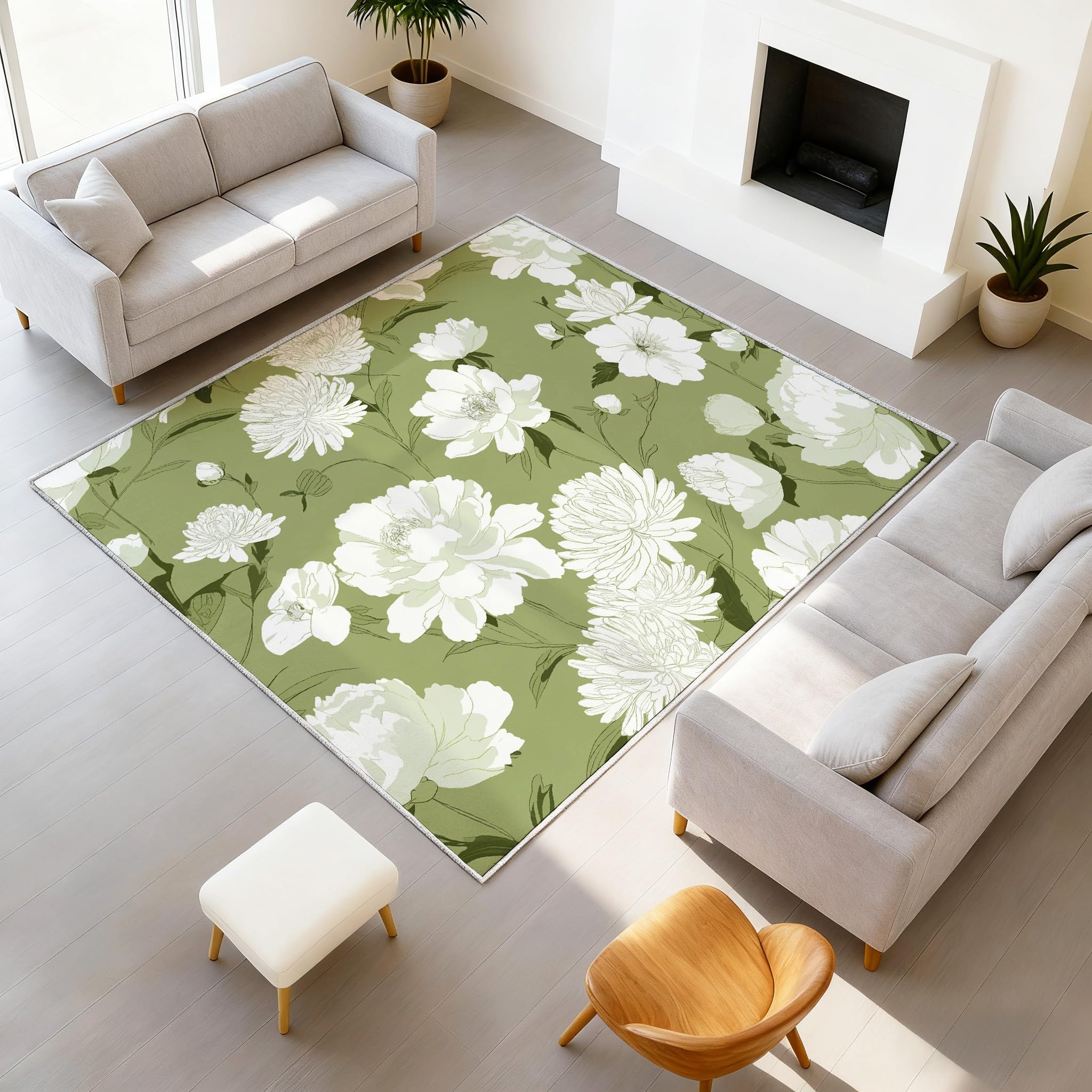 Tapis lavable antidérapant poil ras 60x90 cm imprimé floral pivoine vert sauge