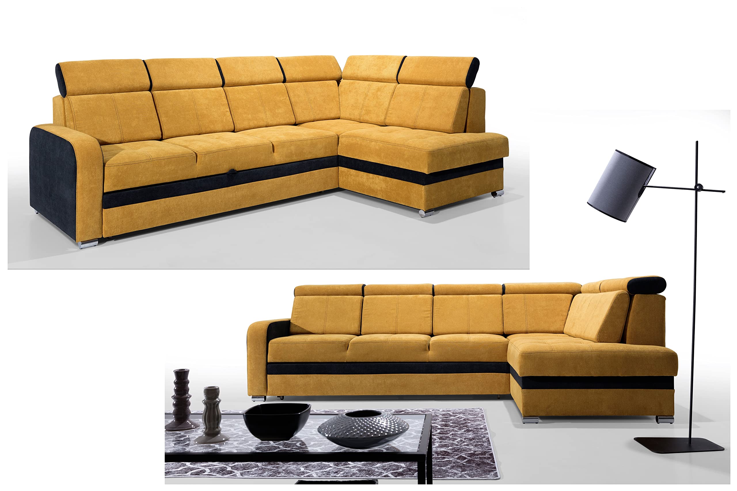 Robin Inspire Glen Divano angolare letto Destra Beige | Divano angolare con funzione letto, vano contenitore, poggiatesta regolabili, cuscini rimovibili, 304 × 180 cm