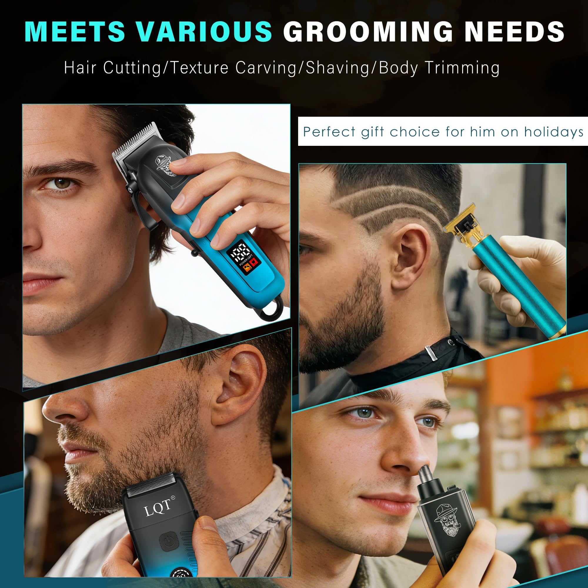 Hair Clippers for Men with LED Display, 4-Piece Cordless Grooming Kit with Beard Trimmer, Foil Shaver & Nose Trimmer, Rechargeable Hair Cutting Set for Home Barber, Men's Personal Care Kit & Gift