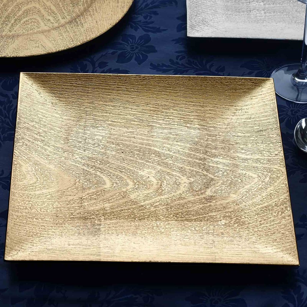 Balsa Circle 6 pcs 12-Inch Gold Wooden Textured Square Charger Plates - Dinner Wedding Supplies for all Holidays Decorations