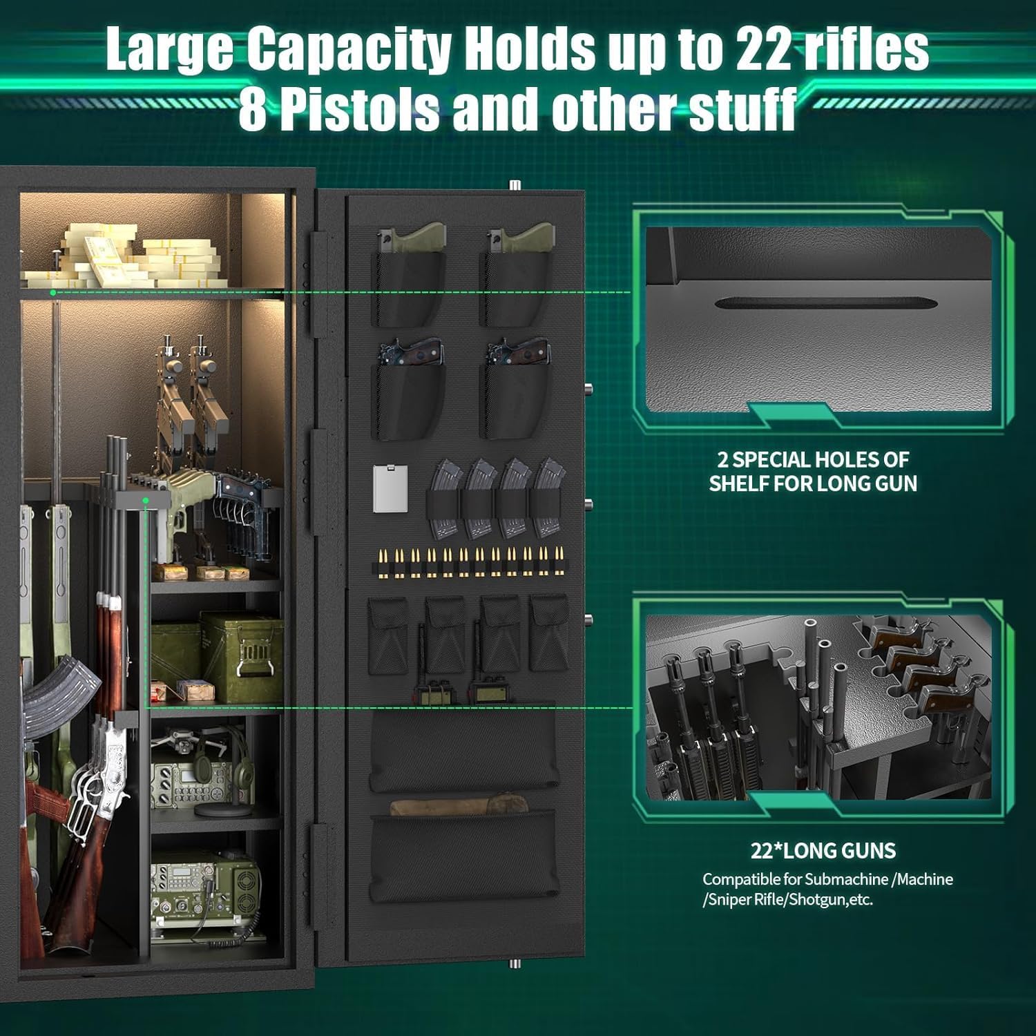 2026 Large Rifle Safe, 30 Gun Safe for Rifle and Shotgun/Rifle Pistol Rack/Storage Pocket/Removable Shelf/Silent Mode/External Battery/Key/LED,180° Open Door Panel Organizer Gun Safe Unassembled