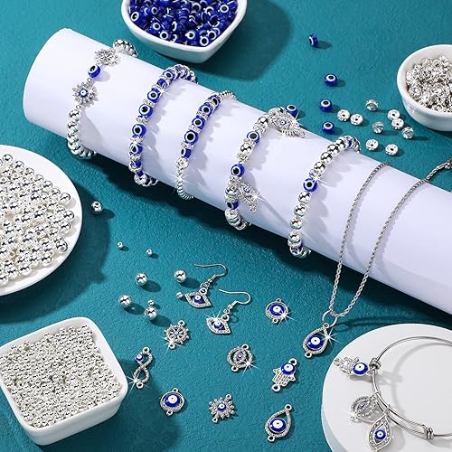 Miniatura 6 de Juego de 1450 cuentas contra el mal de ojo, incluye 200 ojos malvados, 20 dijes de mano, 180 cuentas espaciadoras Rondelle, 800 cuentas redondas de