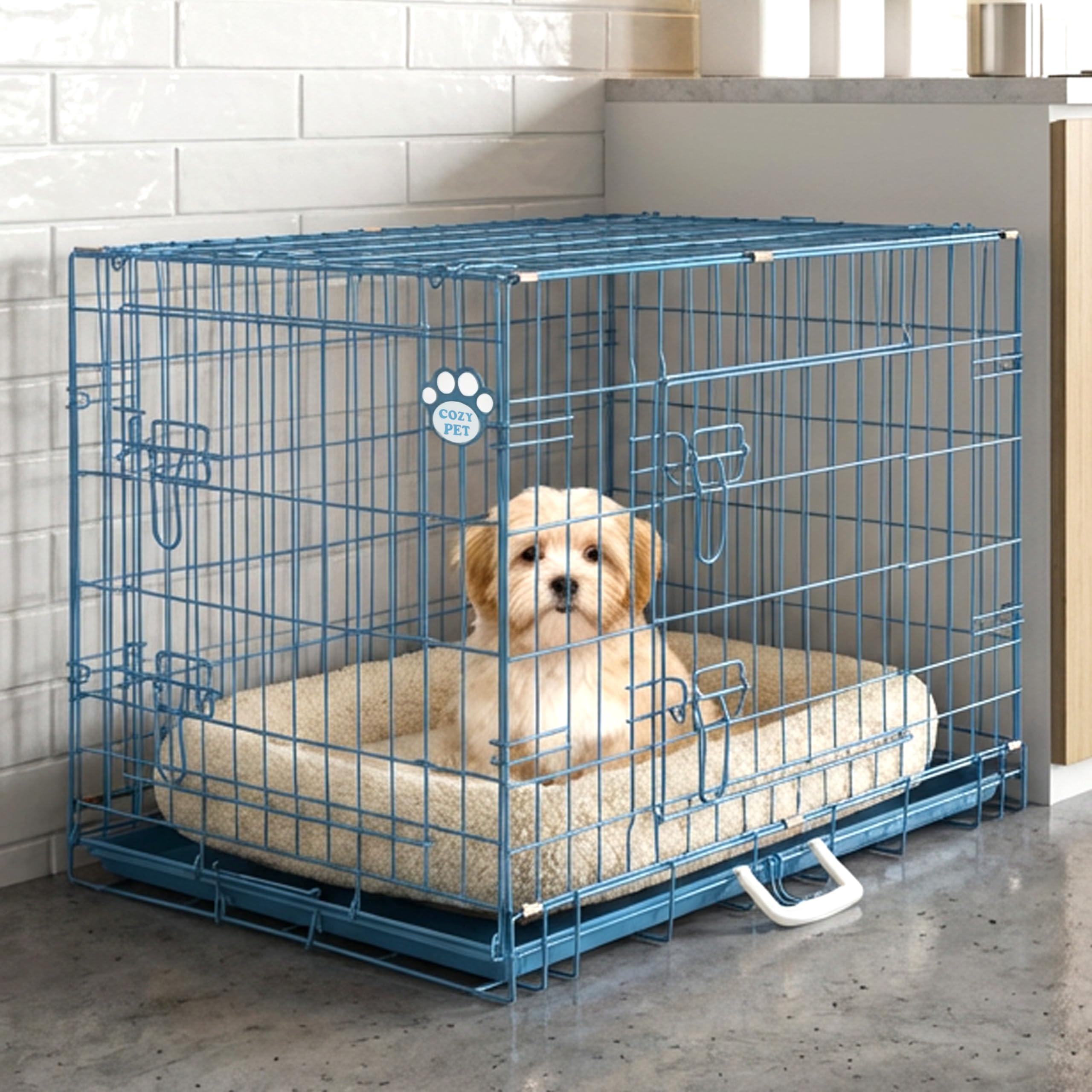 Cozy Pet 30" Dog Crate with Metal Tray 77cm Blue Dog Cage Blue Folding Puppy Crate, Medium Puppy Cage, Cat Carriers DC30BL