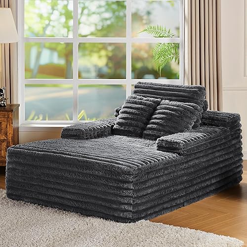 VanAcc 67 Inch Chaise Lounge, No-Assembly Sofa Chaise with Throw Pillows Armrests, Faux Fur Sleeper Sofa for Living Room, Gray