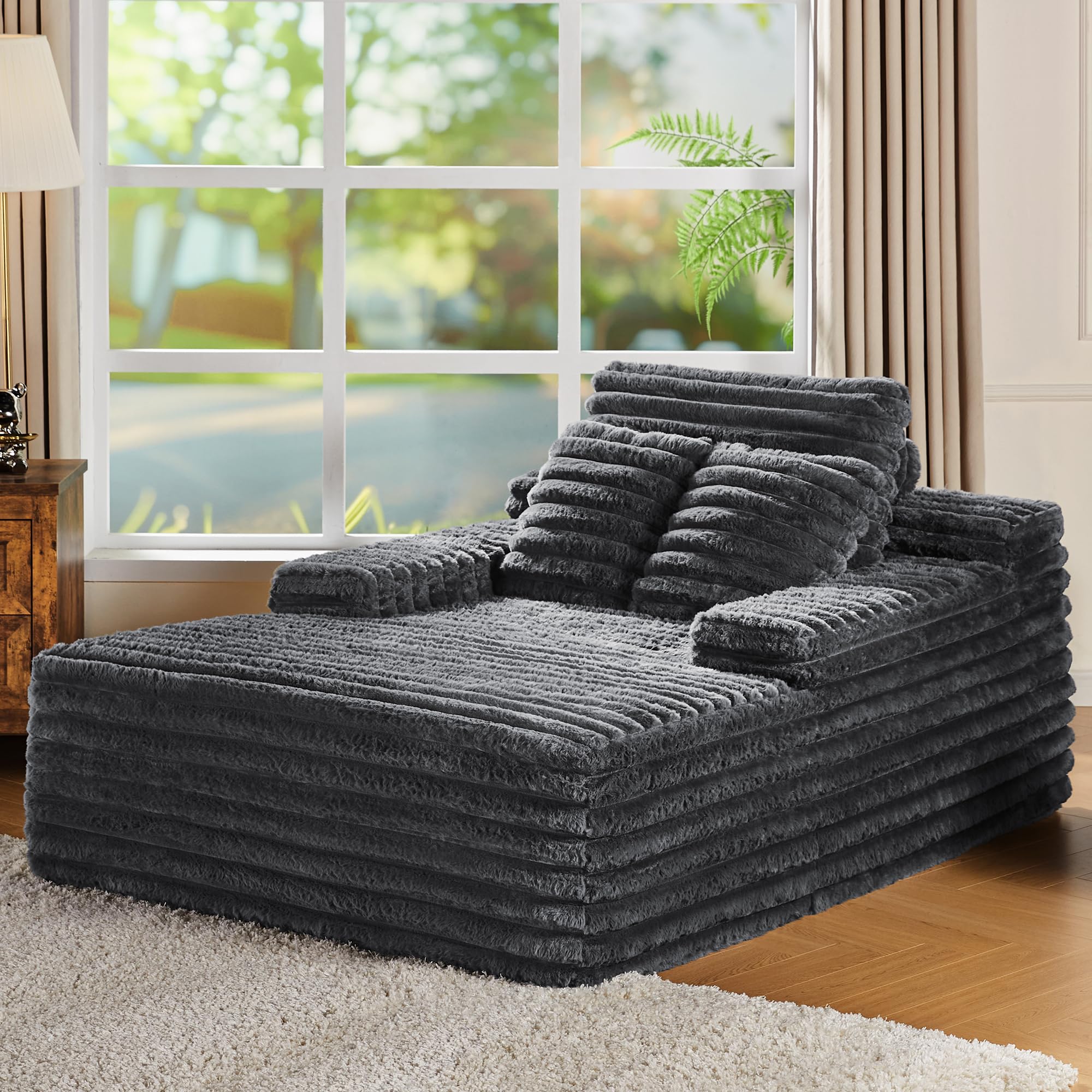 VanAcc 67 Inch Chaise Lounge, No-Assembly Sofa Chaise with Throw Pillows Armrests, Faux Fur Sleeper Sofa for Living Room, Gray