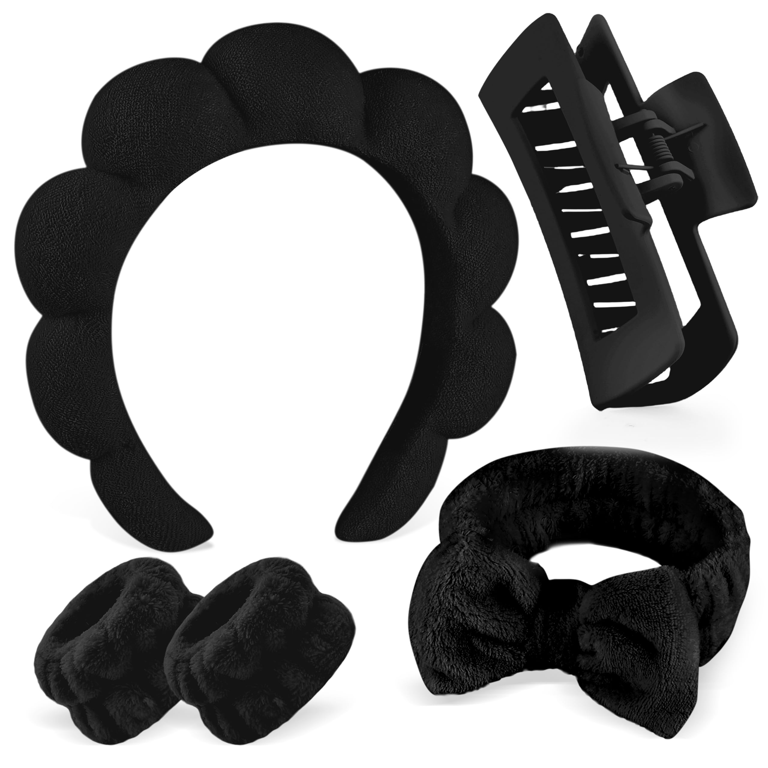 Zkptops 5Pcs Spa Headband for Washing Face Wristband Set Sponge Makeup Skincare Terry Cloth Bubble Soft Hairband Claw Clips for Thick Hair Puffy