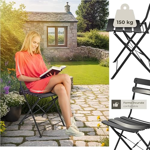 tectake® Bistro Set with 1 Garden Table & 2 Chairs, Foldable Design with Stylish Slats, Steel Frame, Floor-Protective & Non-Slip Feet, No Assembly - Garden Furniture for Patio & Balcony - Black - 8