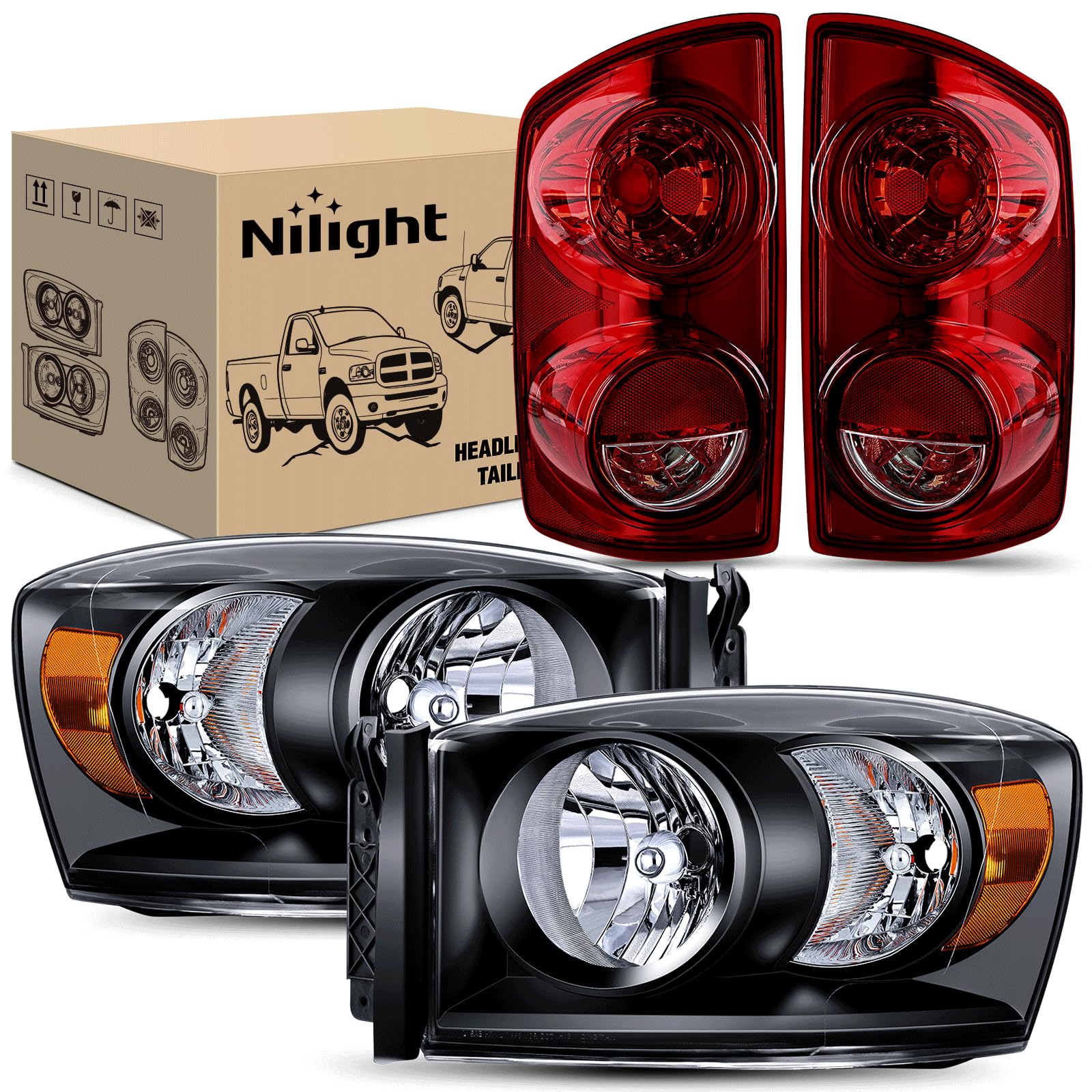 Nilight Headlight and Taillight Combo for 2007 2008 2009 Dodge Ram