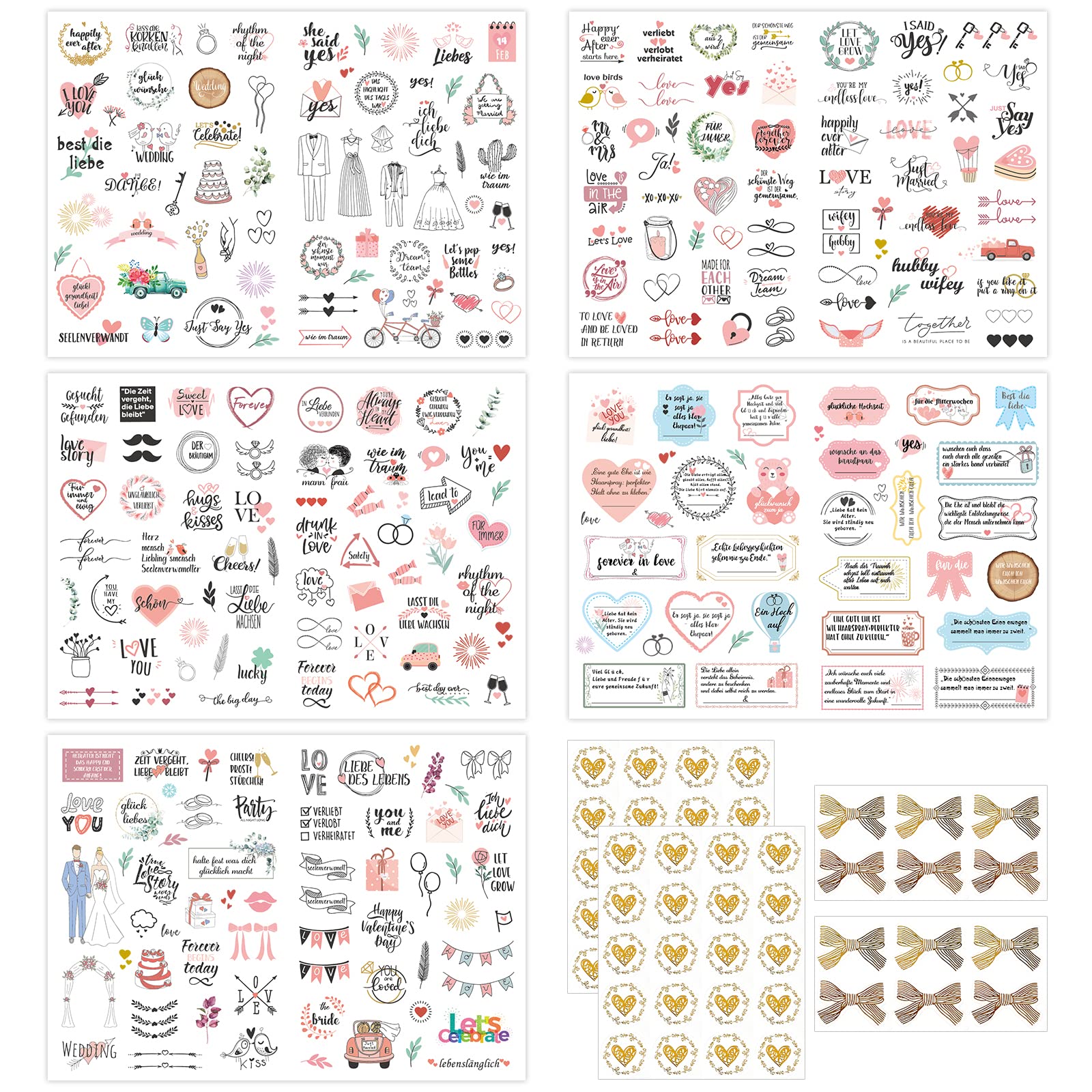 Wedding Scrapbooking Planner Stickers New Engagement Vinyl Labels 5 Sheets 266+ Transparent Waterproof for Bridal Shower Calendar Card Marriage Anniversary Favors Decoration German