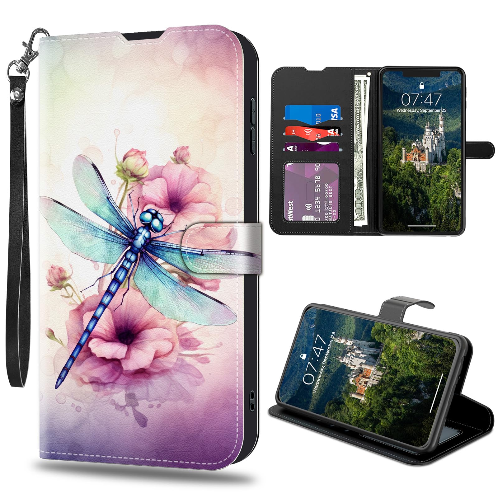 CAPAUNVDA for Nokia G100 Wallet Case with Credit Card Slots Holder, PU Leather Shockproof RFID Blocking Cover for Nokia G100，Dragonfly Flowers