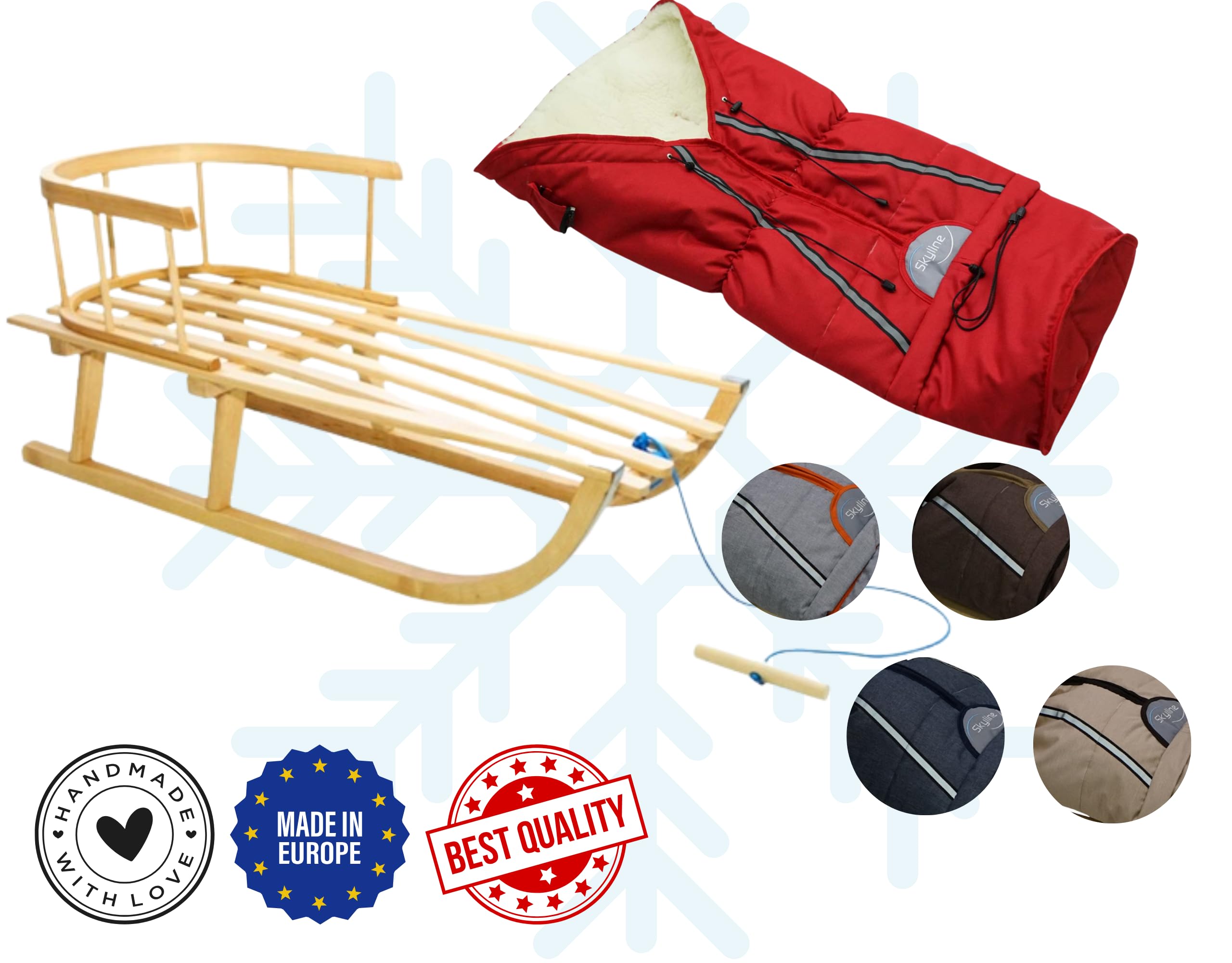 Schlitten aus Holz Holzschlitten für Kinder mit Rückenlehne Rodelschlitten Davoser Schlitten aus Holz mit einem Sicherheitsgurt, Rückenlehne, Winterfußsack für Kinder