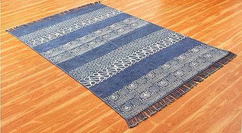 Miniatura 4 de CASAVANI - Alfombra de área de 8 x 10 pies, alfombra de algodón azul, para uso en interiores y exteriores, alfombra de patrón de rayas de tejido