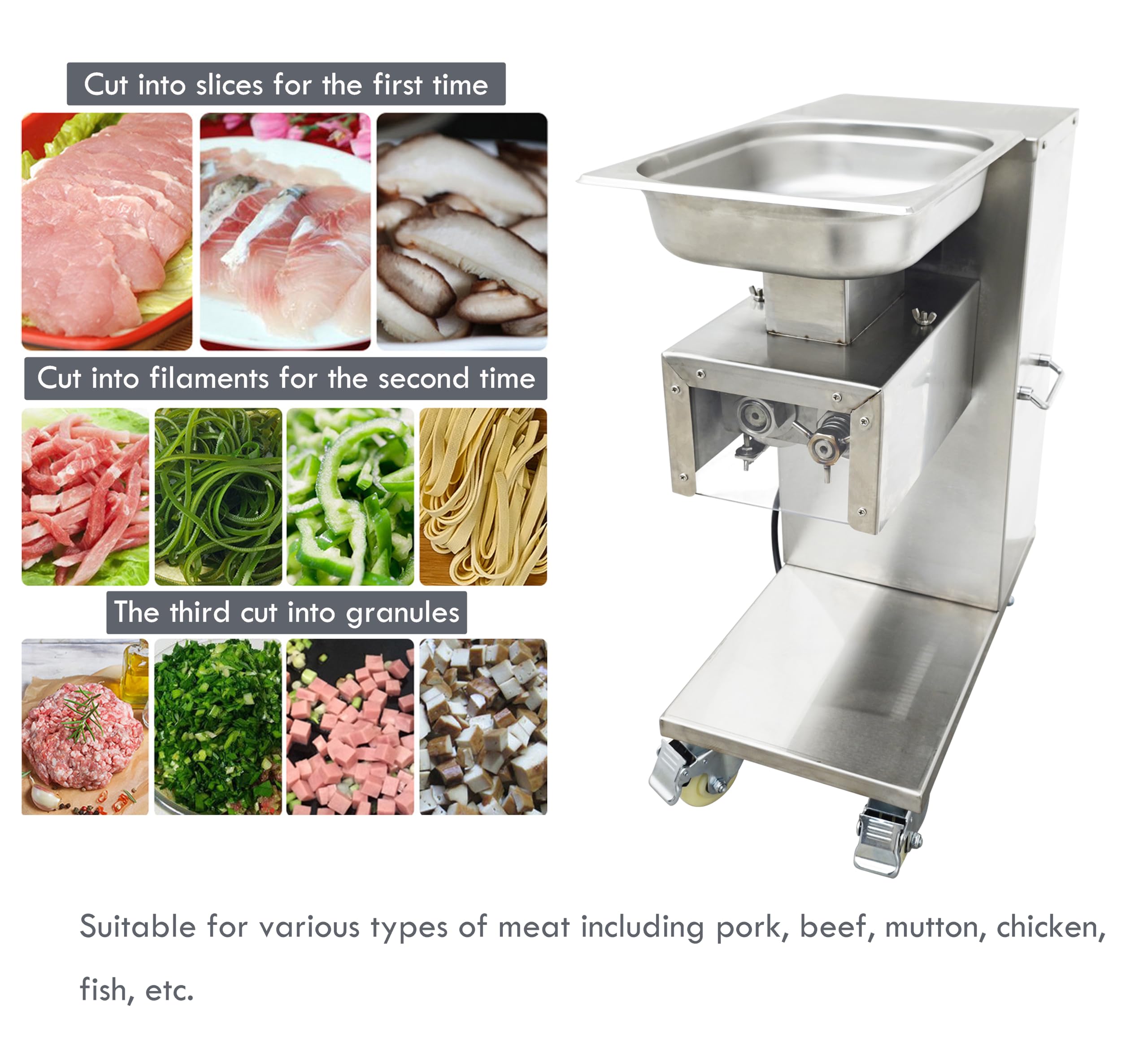 INTBUYING 4mm Meat Cutter All Stainless Steel Commercial Electric Slicer Shredded Diced for Steak Beef Pork Meat 5.7×3inch Feed Inlet TJ-130L-B 110V