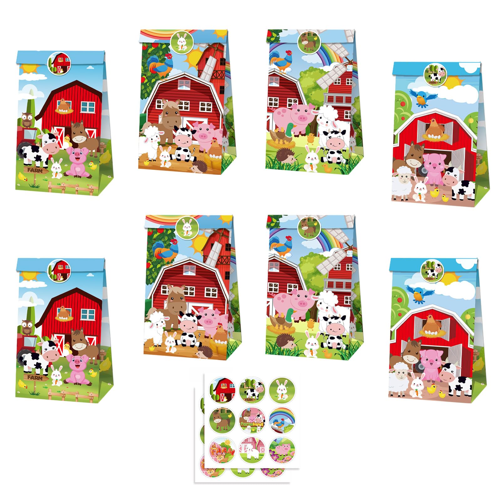 MORAINJAY 12 Pcs Farm Animal Party Bags, Animal Paper Goodie Bags for Kids Birthday, Barnyard Theme Party Favour, Gift Treat Bags, Boys and Girls Party Supplies (18 Stickers) — image 1