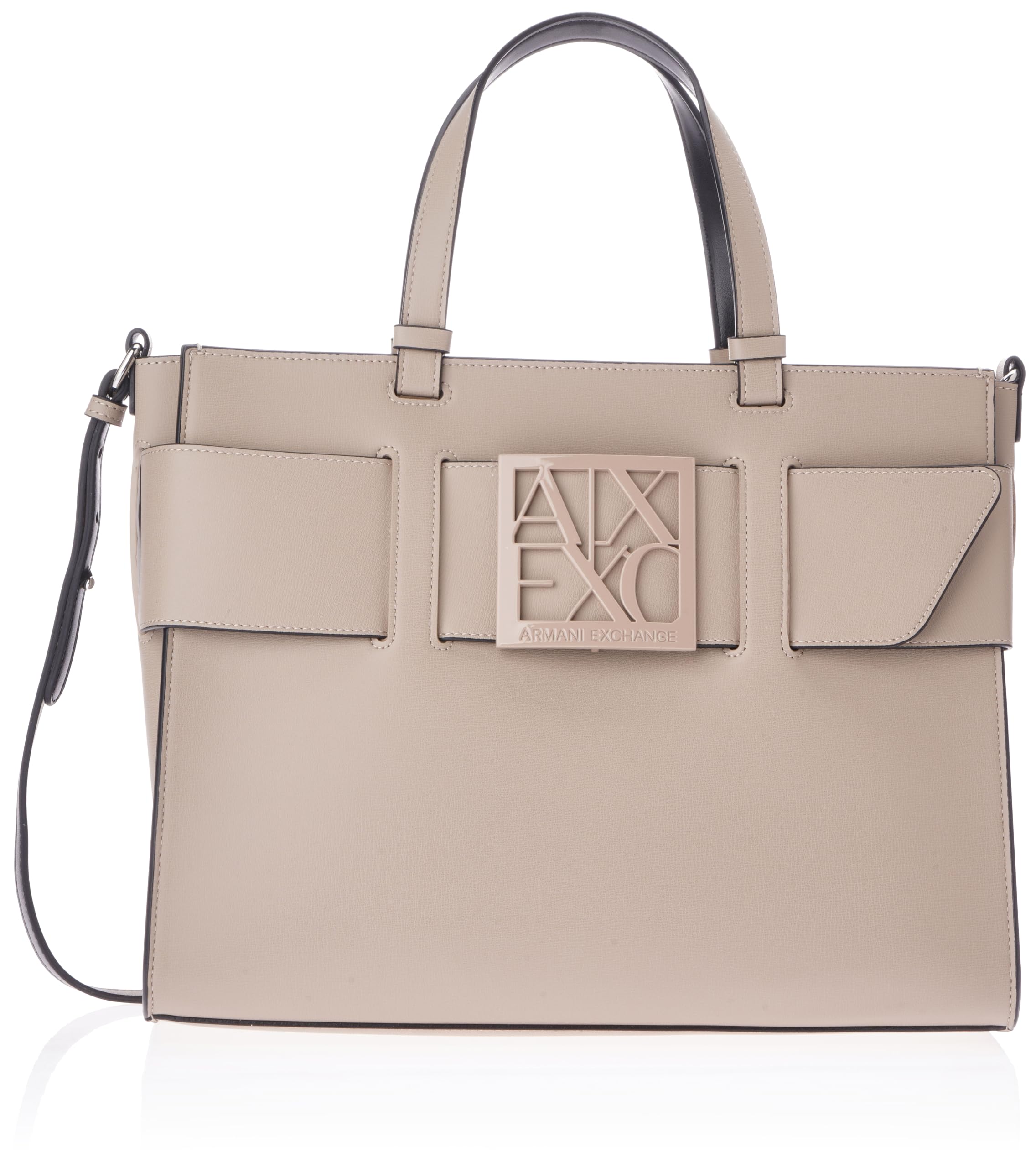 Armani Exchange Susy, Monogram Classic, Metal Logo, Shoulder Strap, Shopping Bag Donna, Sabbia