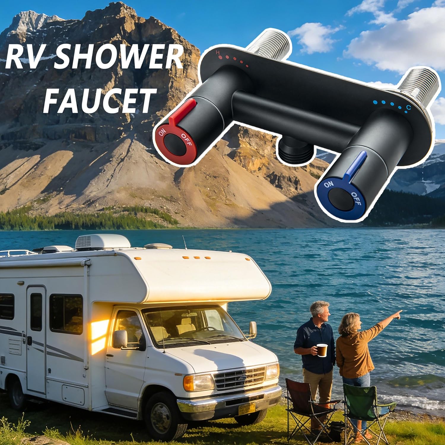 RV Shower Faucet with Hose and Head, 4" Stainless Steel RV Shower Faucet kit, 5 Settings Handheld Shower for RV Camper Motorhome, Matte Black