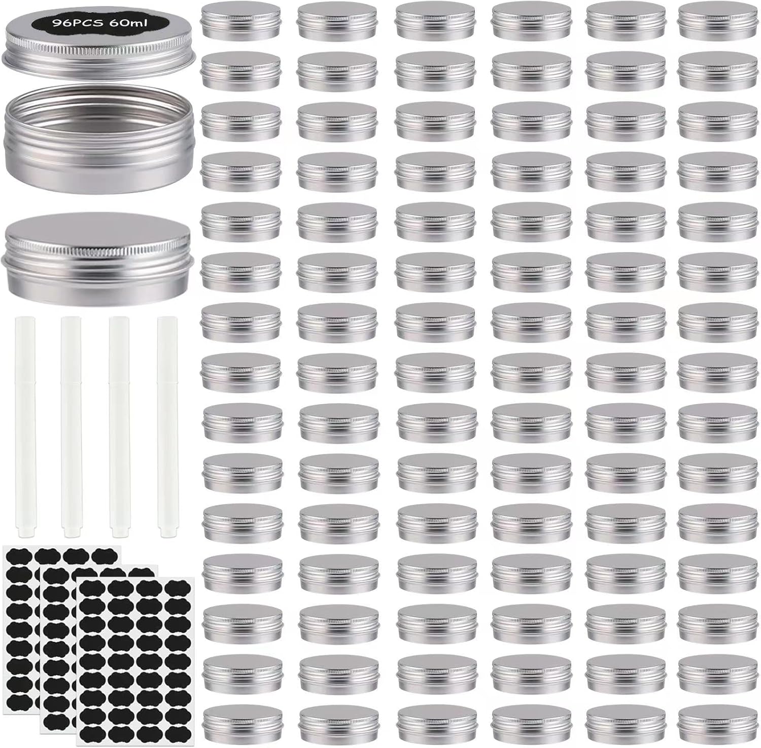 96 Pack Round Cans with Screw Lid 2 Oz Aluminum Metal Tins DIY Food Candle Containers for Lotion Bars, Balms, Salve, Spices, Beard Balm, Crafts with 4 Markers 3 Sheets Label Stickers (Silver)