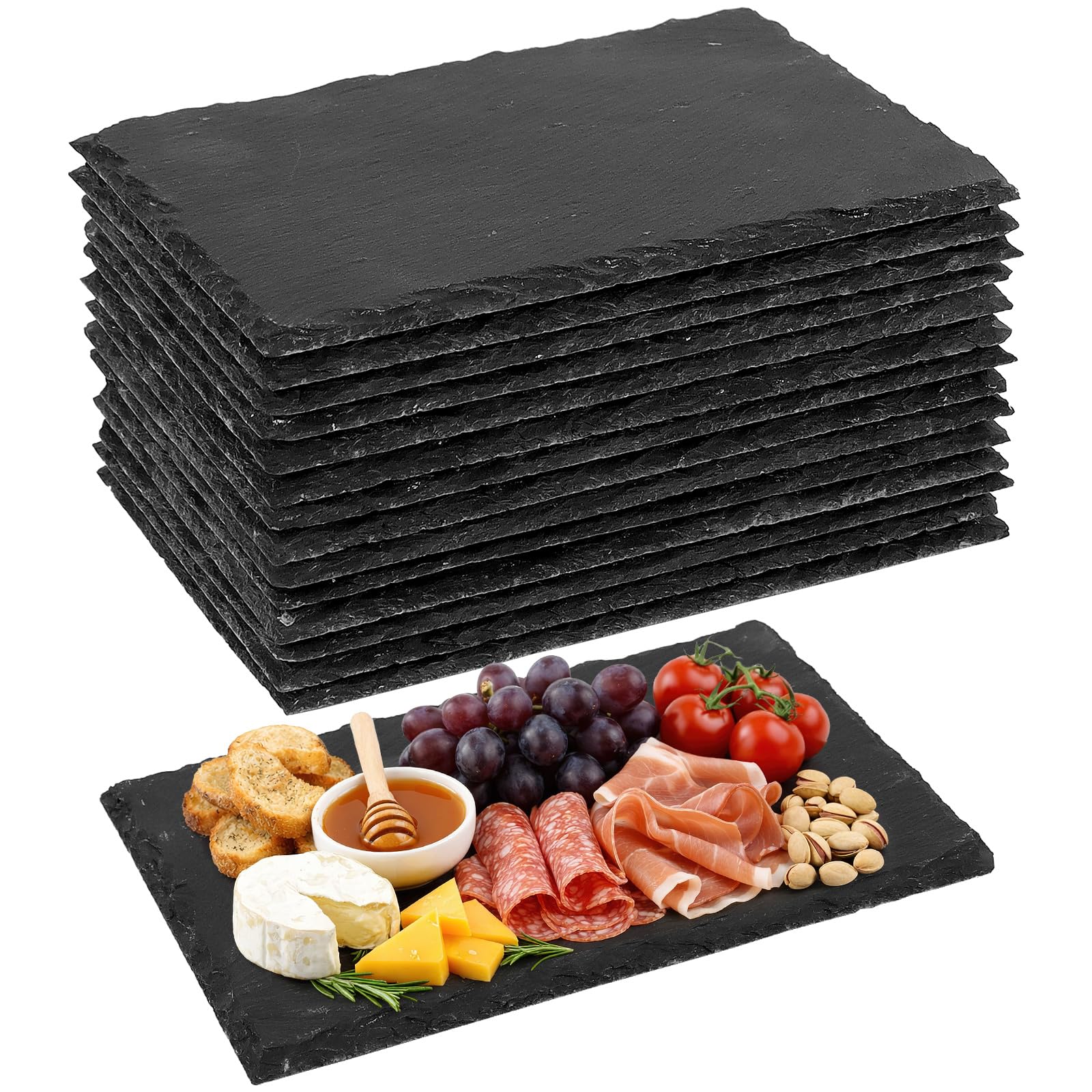 Schieferplatte 22x15 cm Set – 15 Stück Schieferplatten Schwarz Rechteckig – Edle Servierplatte Schiefer für Sushi, Käse und Buffet – Servierteller Schwarz Naturstein mit Anti-Rutsch-Pads