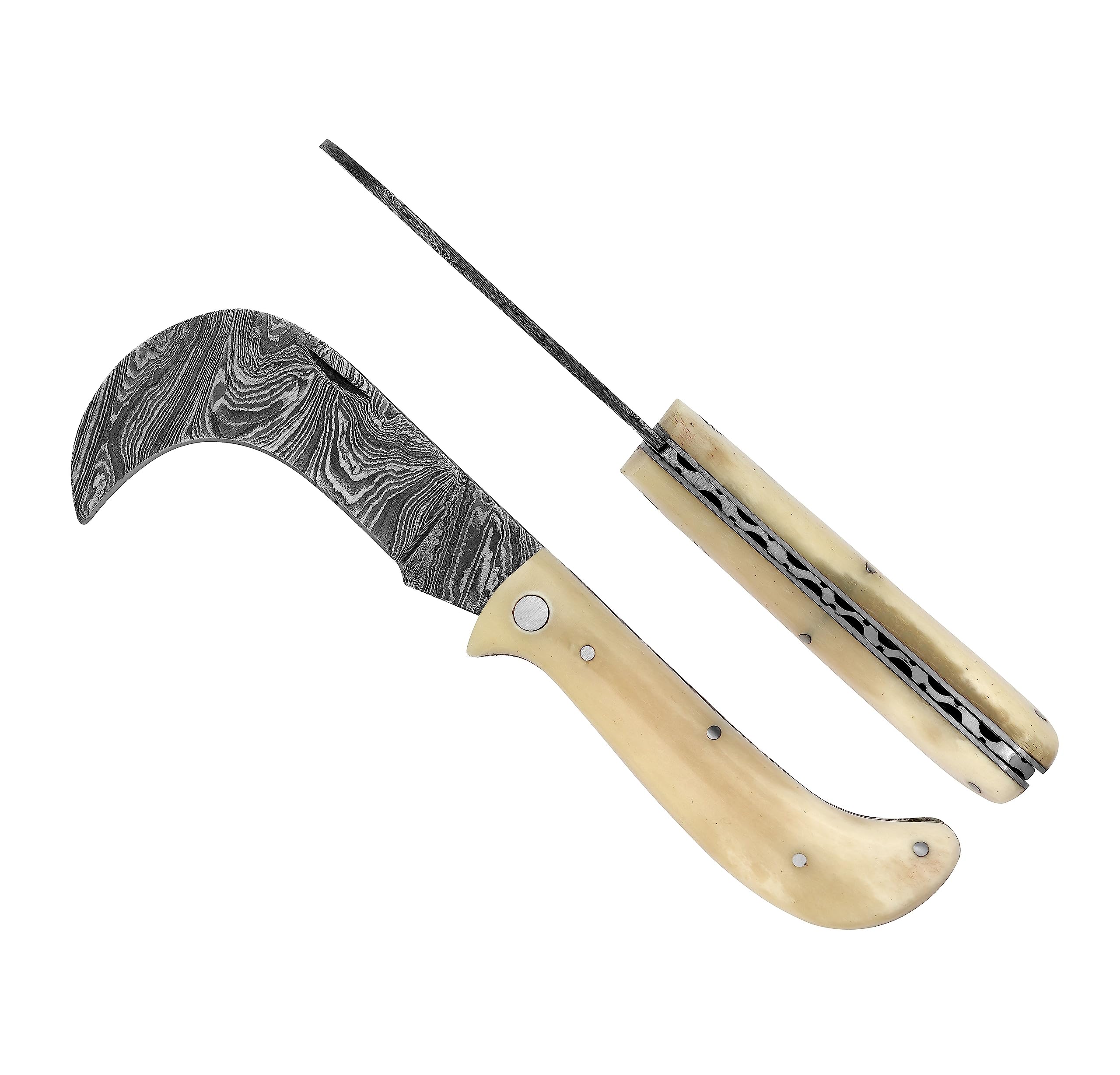 Serpette Damas Laguiole Artisan 10 cm rustique avec manche blanc en os