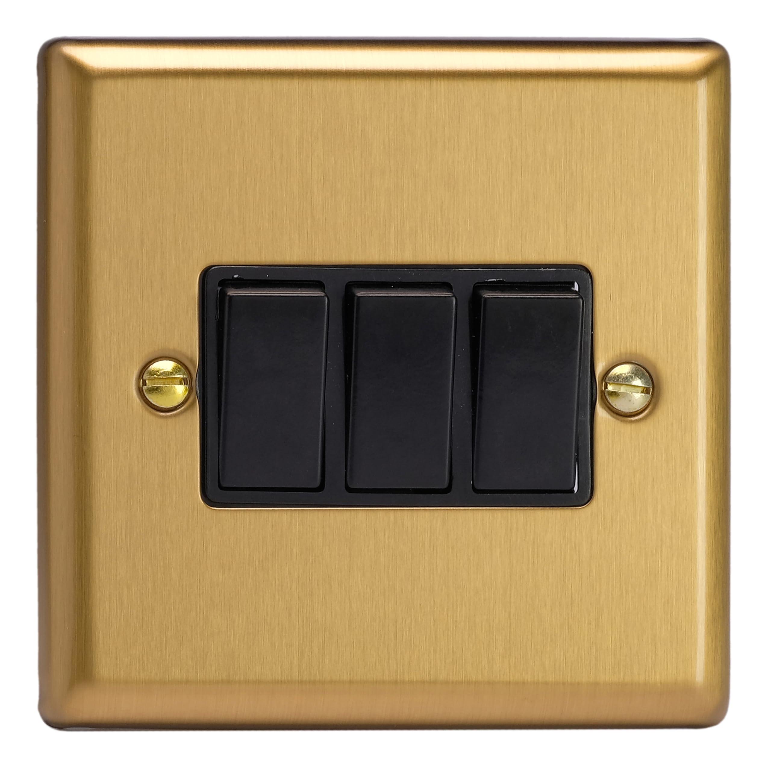 Varilight XB3B Triple Light Switch, 10A, 3-Gang, 2-Way, Classic Brushed Brass + Black Insert