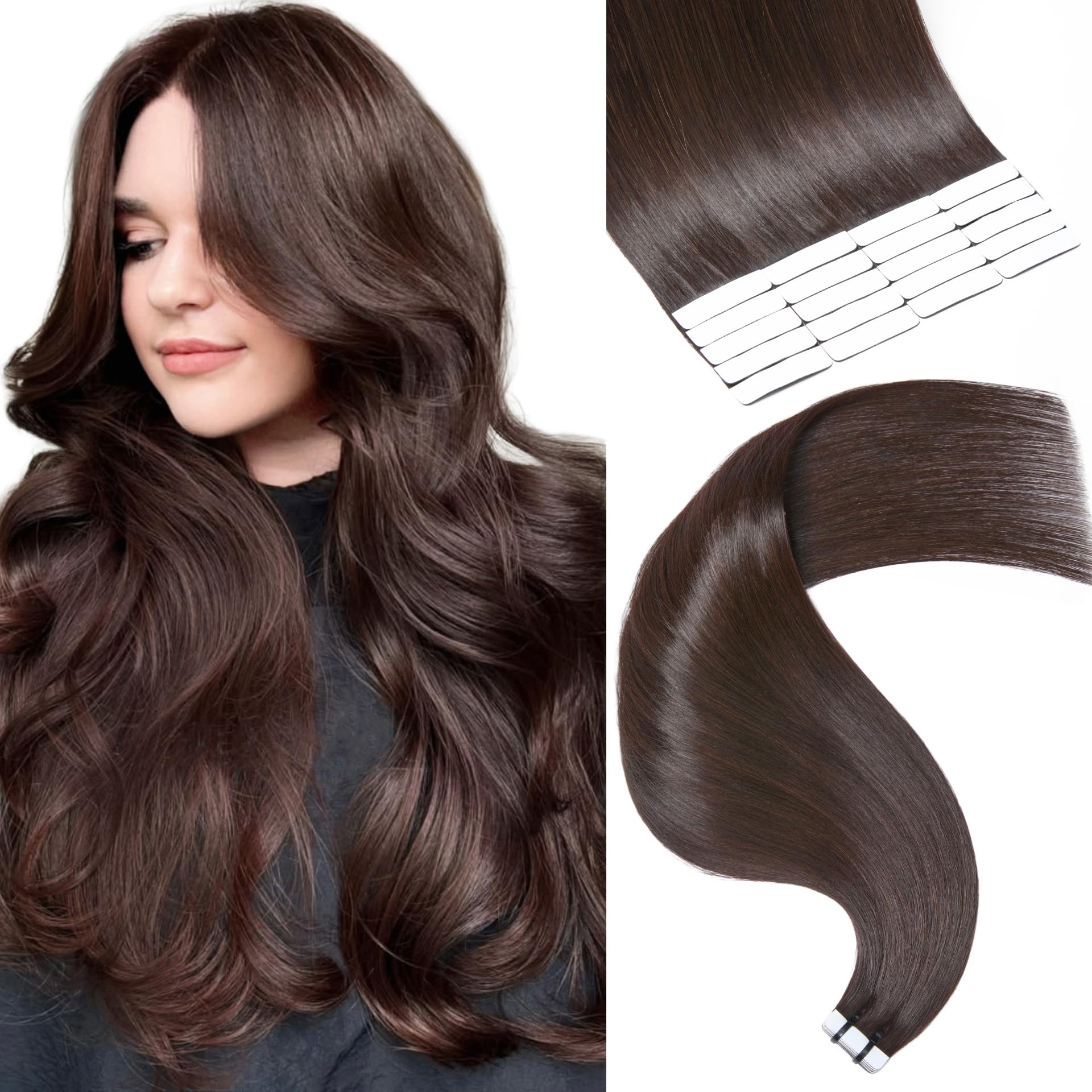 Frodio Tape in Hair Extensions Human Hair 18 Inch Remy Tape ins Human Hair Invisible Extensions Color Dark Brown Fashion Extension Seamless Silky