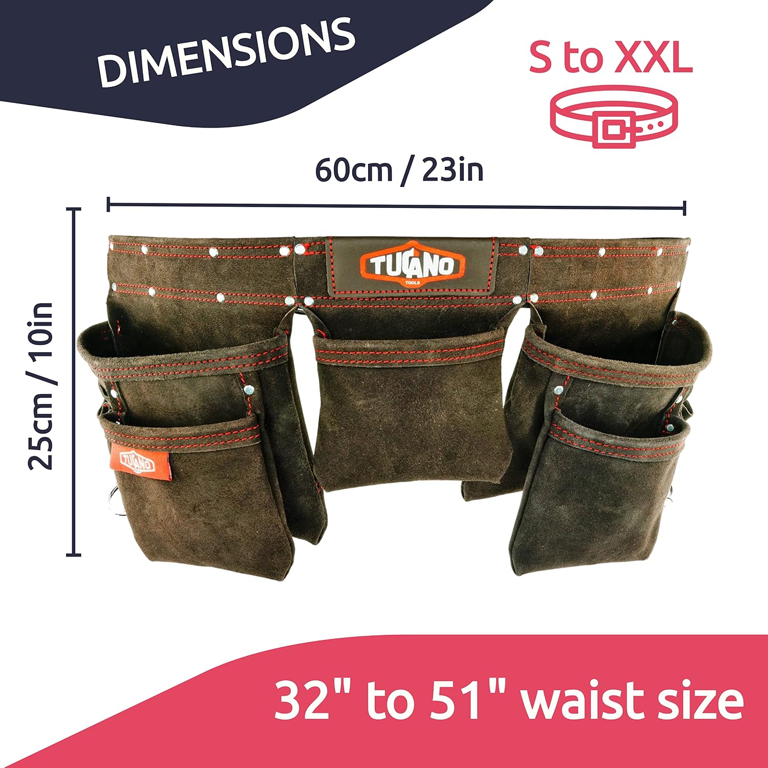 Leather tool belt for framers, carpenters. Perfect for electricians and also convenient tool belt for women. 12 tool pouches for large capacity. Our Tool Rig Fits Size 32" to 50"