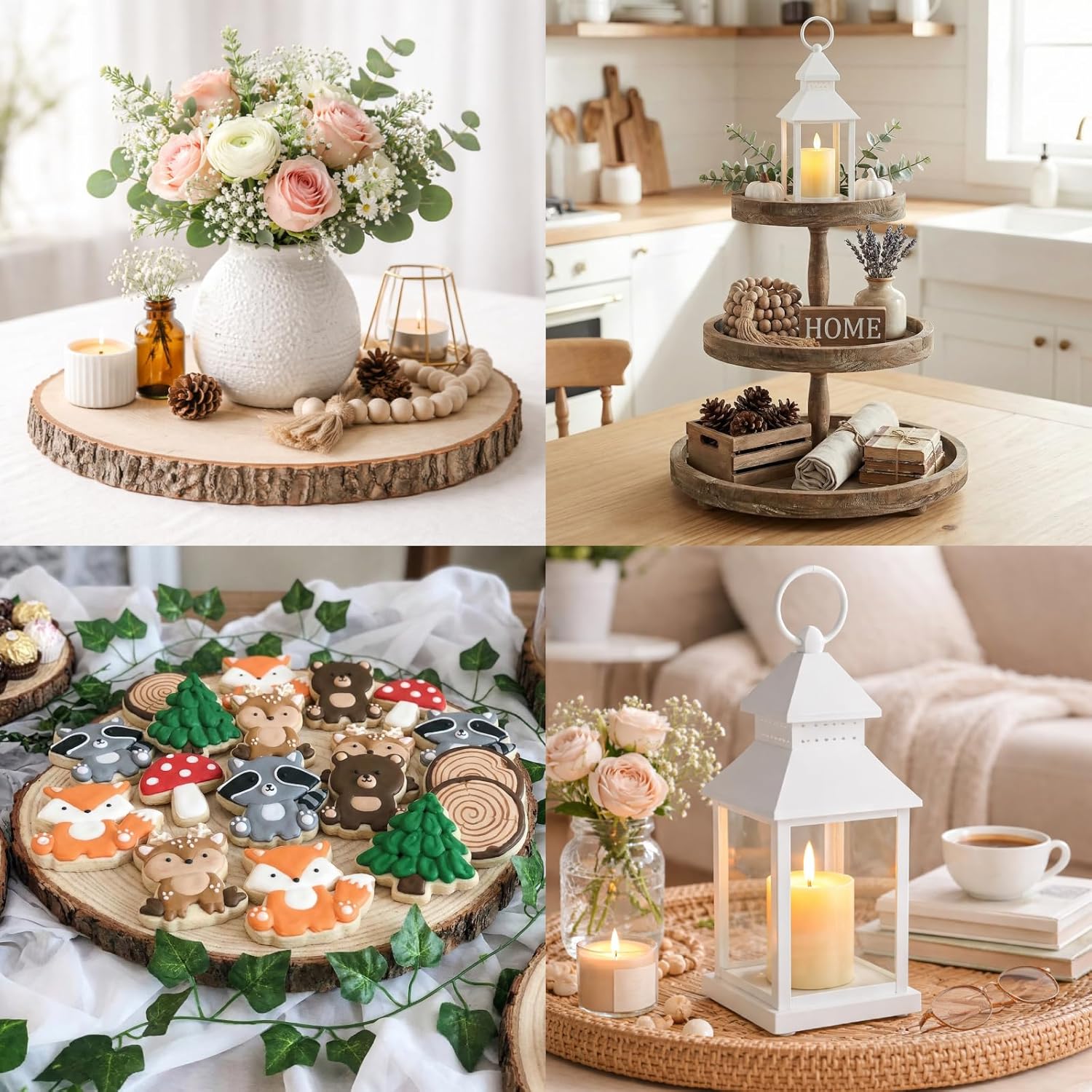 6 Sets Wedding White Decorative Candle Lanterns with Wood Slices Flameless Candle Hanging Lights Rustic Farmhouse Centerpieces Table Decor for Wedding Summer Boho Decoration