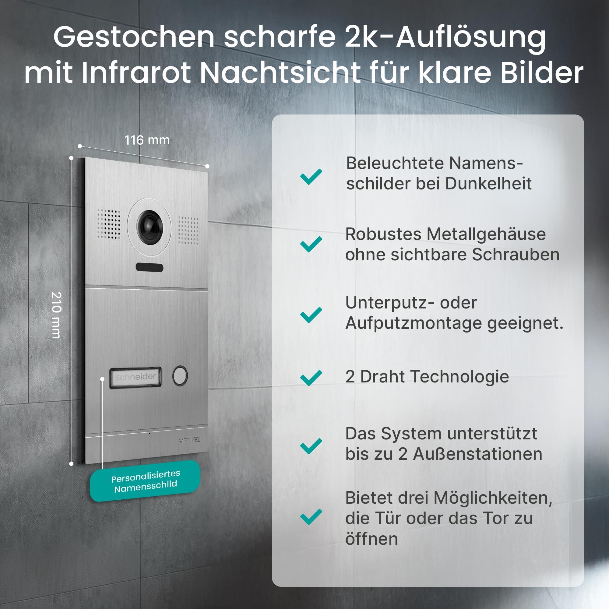 Mathfel 2-Draht IP Video-Türsprechanlage mit Türöffner – Full-HD Kamera, 7" Monitor & App-Steuerung – Smarte Video-Türklingel mit Gegensprechanlage (Silber, 1 Klingeltaster)