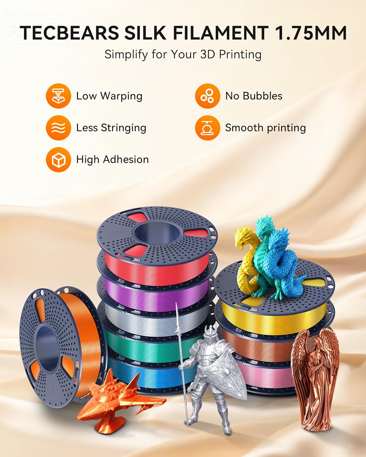 TECBEARS Silk Filament 1.75, Shiny Silk PLA Filament, 3D Printer Filament with Smooth Silky Surface, 250G Spool, 8 Rolls, Gold+Silver+Purple+Green+Blue+Pink+Orange+Red Copper