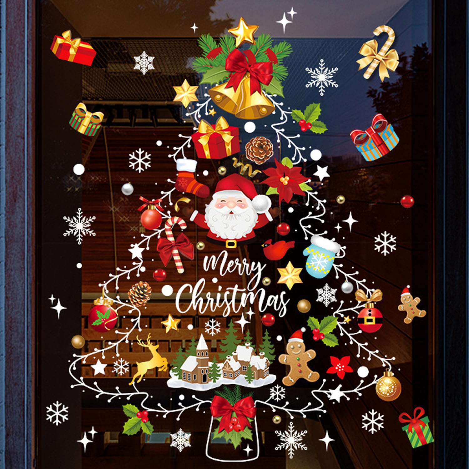 Christmas Decor Xmas Tree Window Clings DIY Christmas Window Stickers for Glass Cartoon Santa Claus Gingerbread Man Snowflake Designs Christmas Window Decals for Xmas Party Window Decoration Supplies