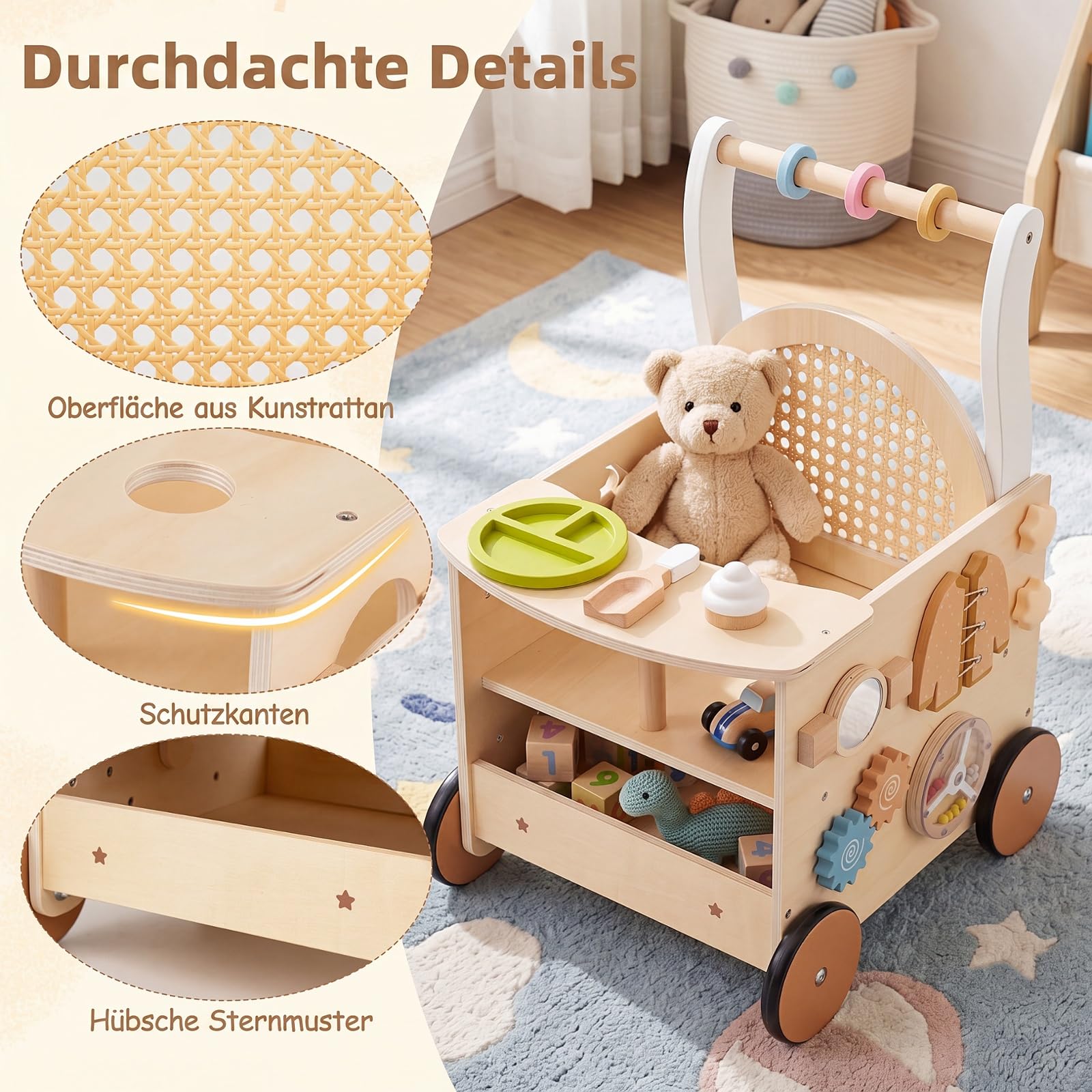 COSTWAY Montessori Baby wózek do nauki chodzenia z drewna, wielofunkcyjny | Baby Walker z wielofunkcyjnym centrum aktywności, zabawka do biegania z kółkami i schowkiem, dla chłopców i dziewczynek od 1