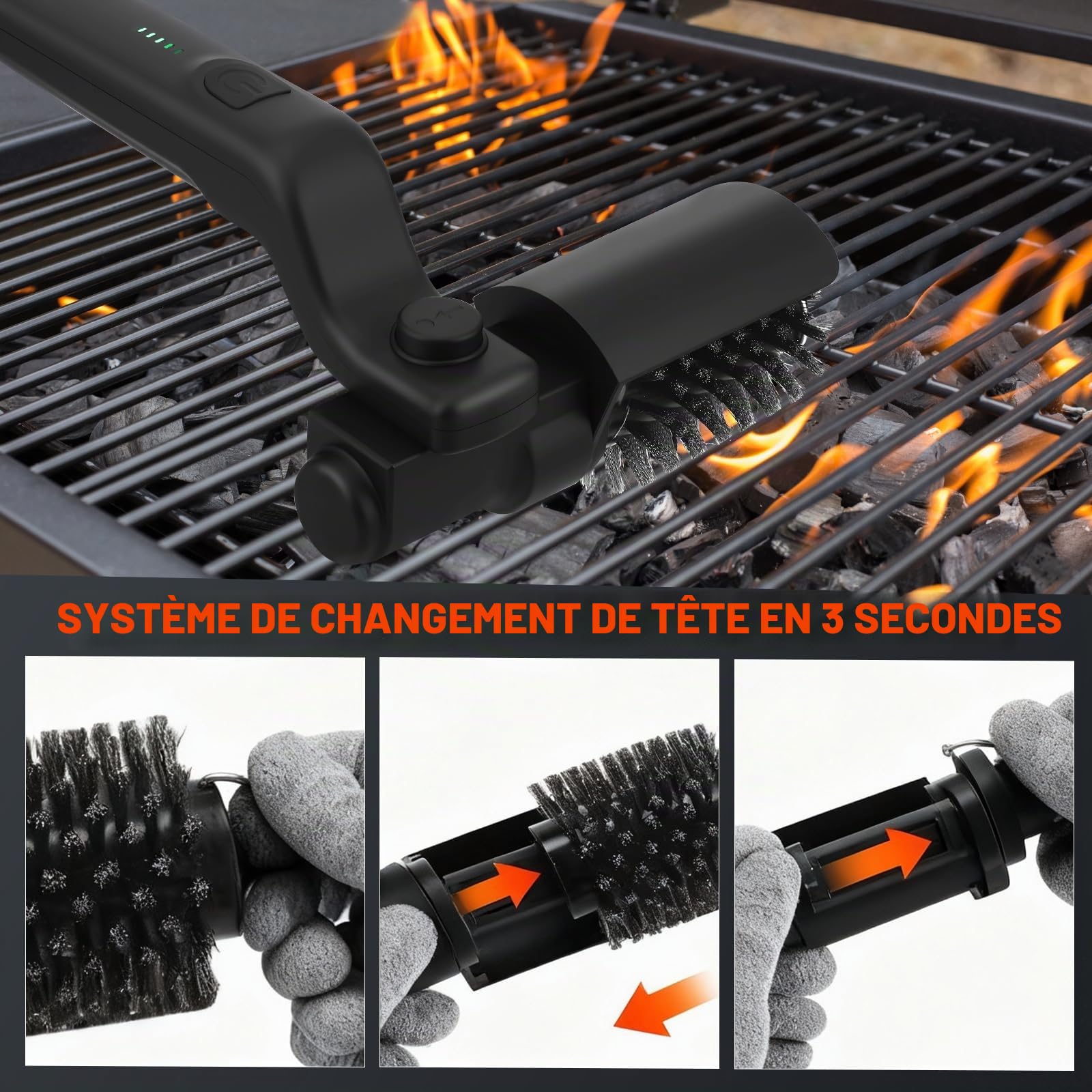 Brosse Électrique De Nettoyage pour Barbecue,sans Poils,3 Vitesses,Etanche IPX7,en Acier Inoxydable 304,Indicateur De Batterie À 5 Niveaux,Compatible avec Tous Les Barbecues