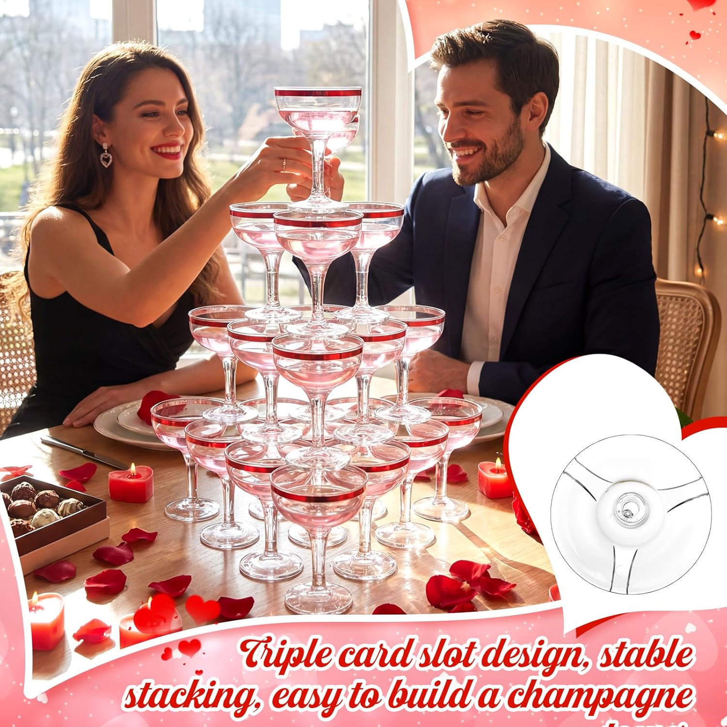Zopeal 50 Pcs Valentines Plastic Martini Glasses Bulk 5 oz Red Disposable Margarita Cocktail Champagne Tower Coupe Glasses Unbreakable Stackable Wine Cups with Stem for Wedding Party Favors - Image 5