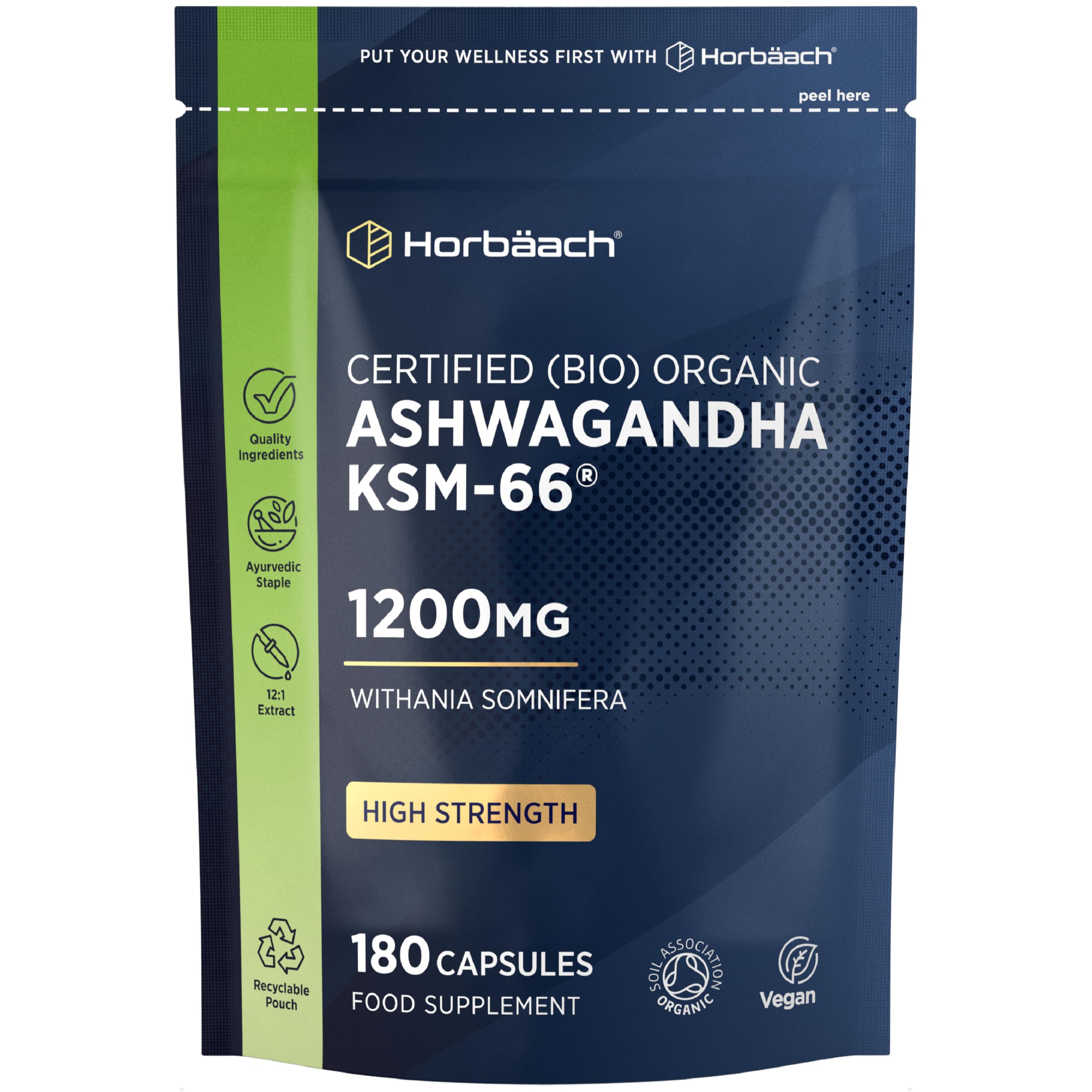 Horbäach Organic Ashwagandha KSM-66 1200mg | High Strength Withanolides | 120 Vegan Capsules | Supplement for Men & Women | by