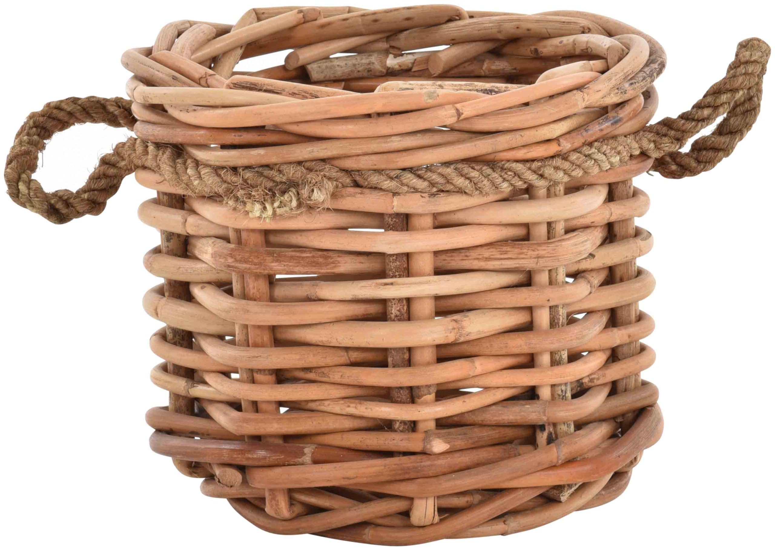korb.outlet Duży kosz na rośliny, okrągły, naturalny rattan, z krawędzią z liny/osłonka z rattanu (Ø 50 cm)
