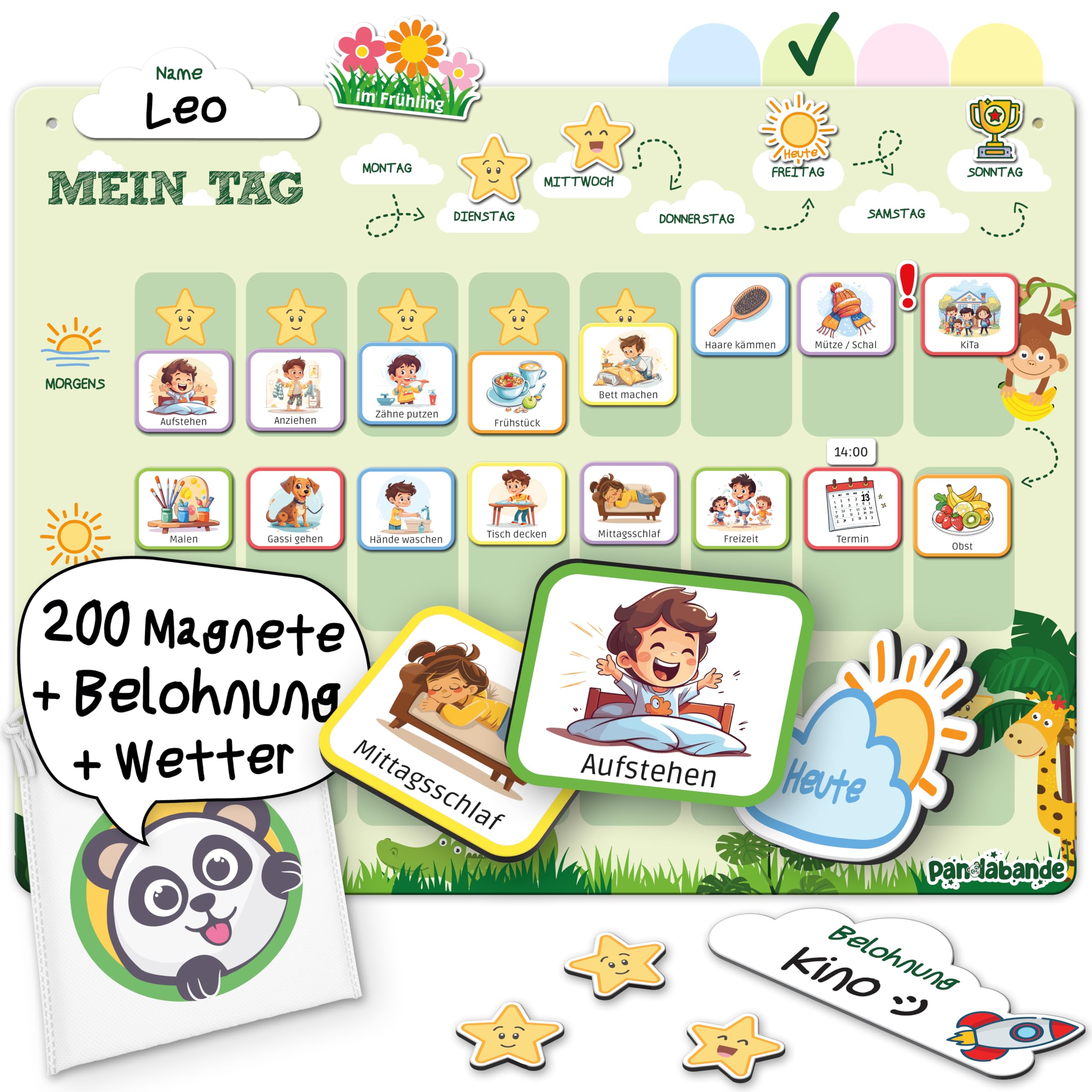 »PANDABANDE« Montessori Tagesplaner Kinder Routine [Belohnung, Wetter, 208 Magnete] - Tagesablauf Plan für Morgenroutine & Abendroutine - Idealer Tagesplan Magnetisch, Routineplaner Kind (Dschungel)
