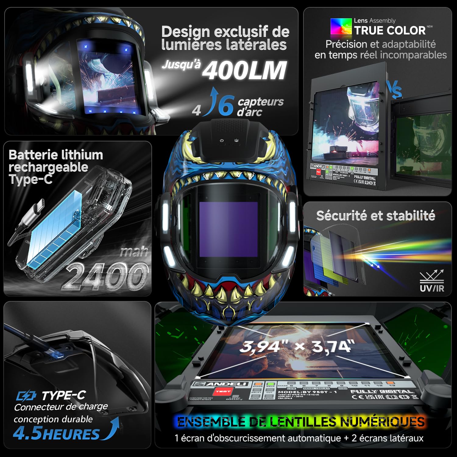 ANDELI Casque de Soudage Automatique Welding Helmet – 4 LED True Color Vision Panoramique 180° 9,5x9,1cm + Vitres Latérales 6 Capteurs 1/30000s 2400mAh USB-C Teinte 4/5-9/9-13 TIG/MIG/Cut/Grind