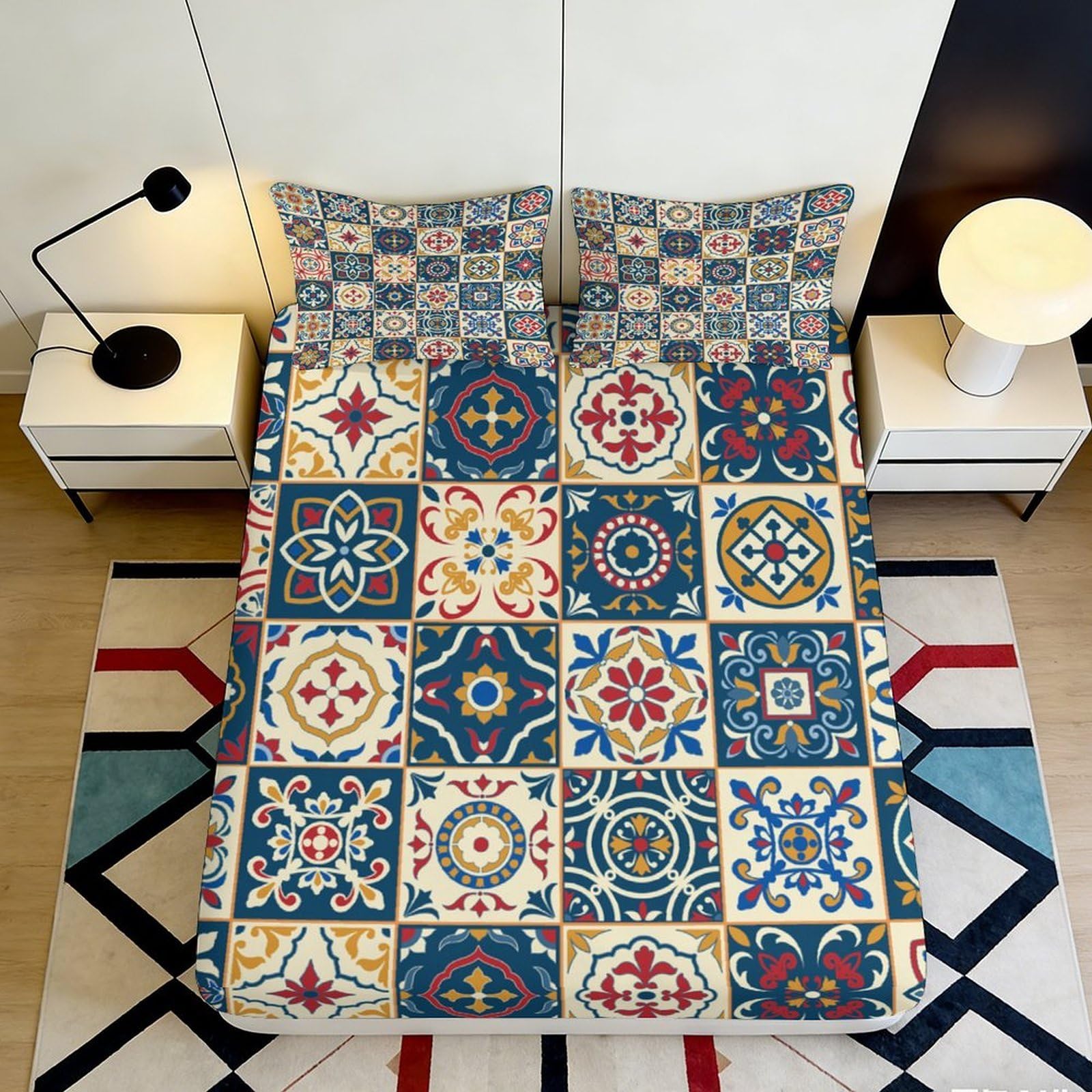 Jqzkxnhpbr Style-3 3D Printed Mediterranean Tile Fitted Sheet Microfiber Soft Colorful Mosaic Pattern Mattress Cover For Bedroom Decor 90X200x25cm