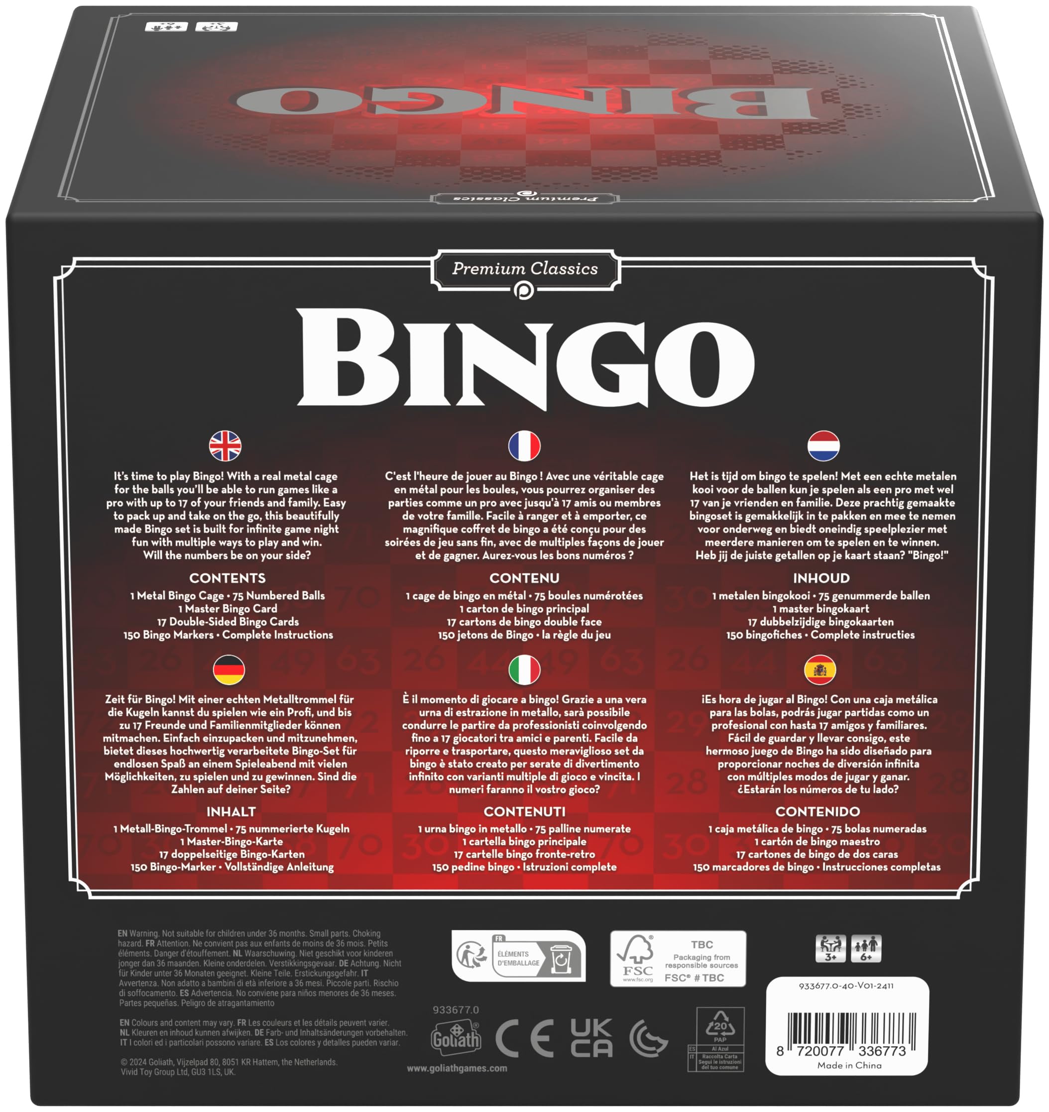 Goliath - BINGO, gra planszowa dla dorosłych i dzieci od 6 lat, z luksusowym metalowym młynem do bingo i numerowanymi piłkami, zawiera karty i żetony, grę losową i grę na szczęście, 3 lub więcej