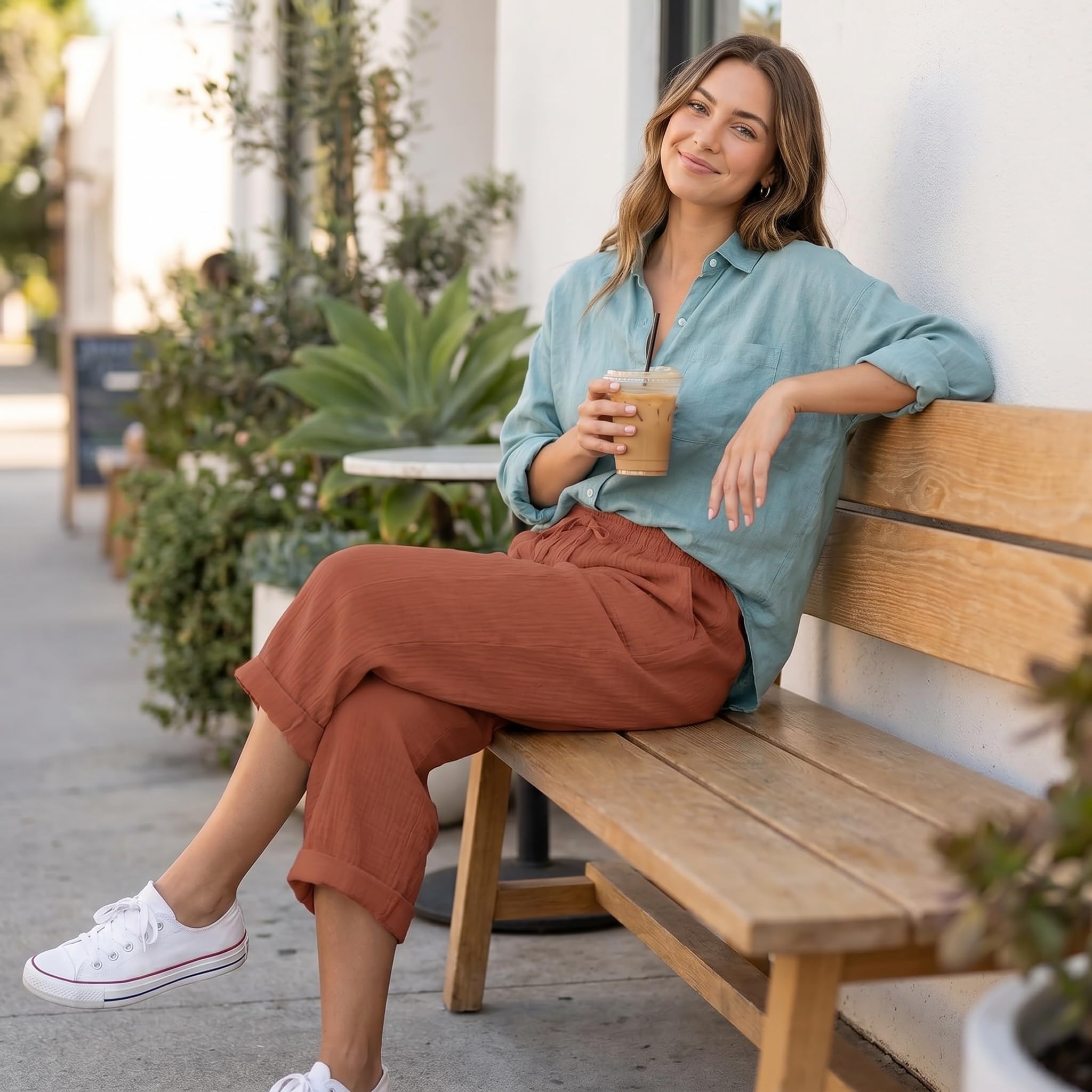 3/4 Fluid Women's Summer Lightweight Capri Trousers Elastic Linen Drawstring Sports Casual Yoga with Pockets for Daily Use and Beach Holiday - 3